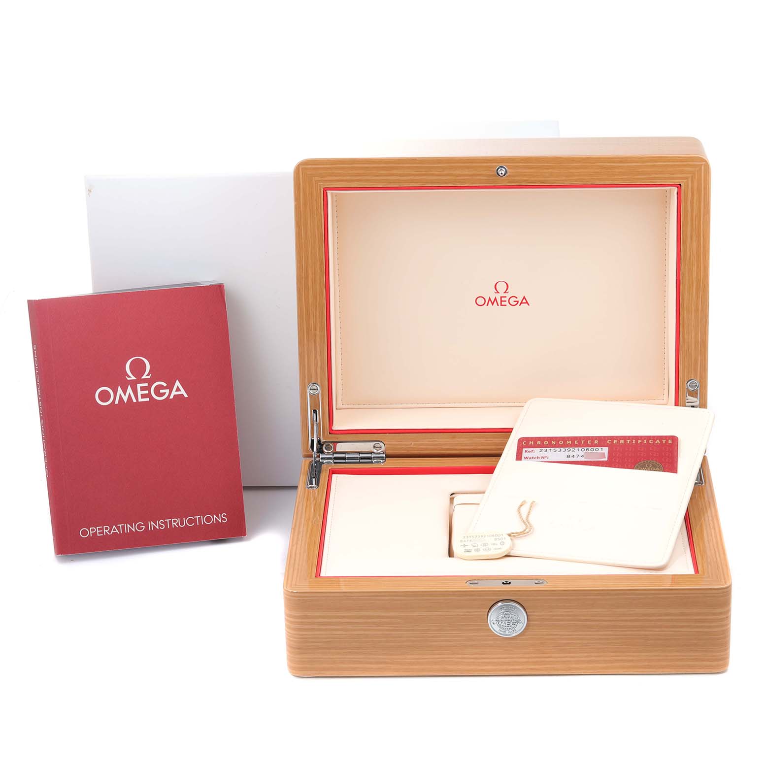 The image shows the packaging, warranty card, and operating instructions for the Omega Aqua Terra 231.53.39.21.06.001 Men's Rose Gold Grey Dial 231.53.39.21.06.001 Men's Rose Gold Grey Dial watch model.