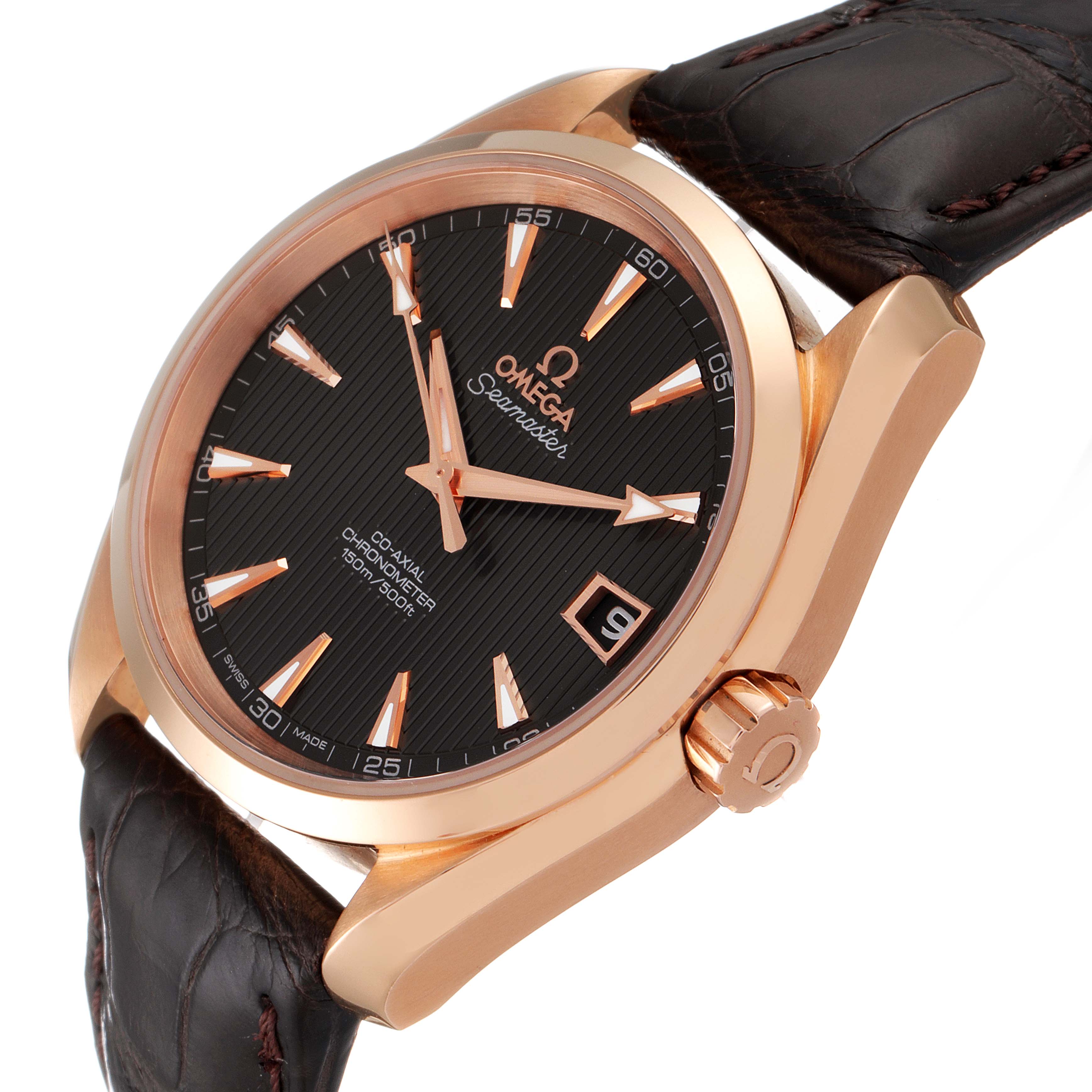 The image shows a close-up angle of an Omega Aqua Terra 231.53.39.21.06.001 Men's Rose Gold Grey Dial 231.53.39.21.06.001 Men's Rose Gold Grey Dial watch, highlighting its black dial, rose gold case, date window, and leather strap.