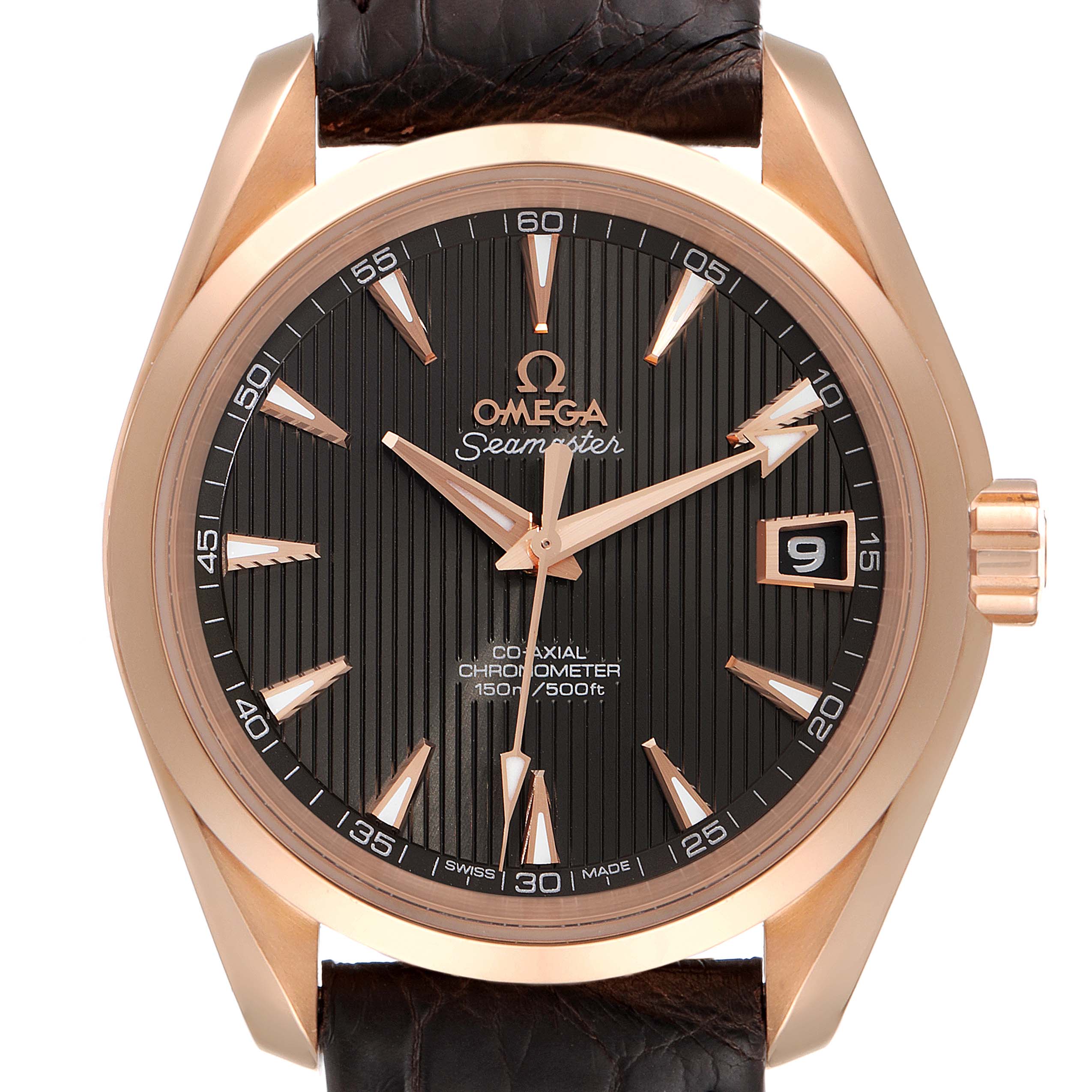 The Omega Aqua Terra 231.53.39.21.06.001 Men's Rose Gold Grey Dial 231.53.39.21.06.001 Men's Rose Gold Grey Dial watch is shown from the front, displaying its face, dial, and crown.