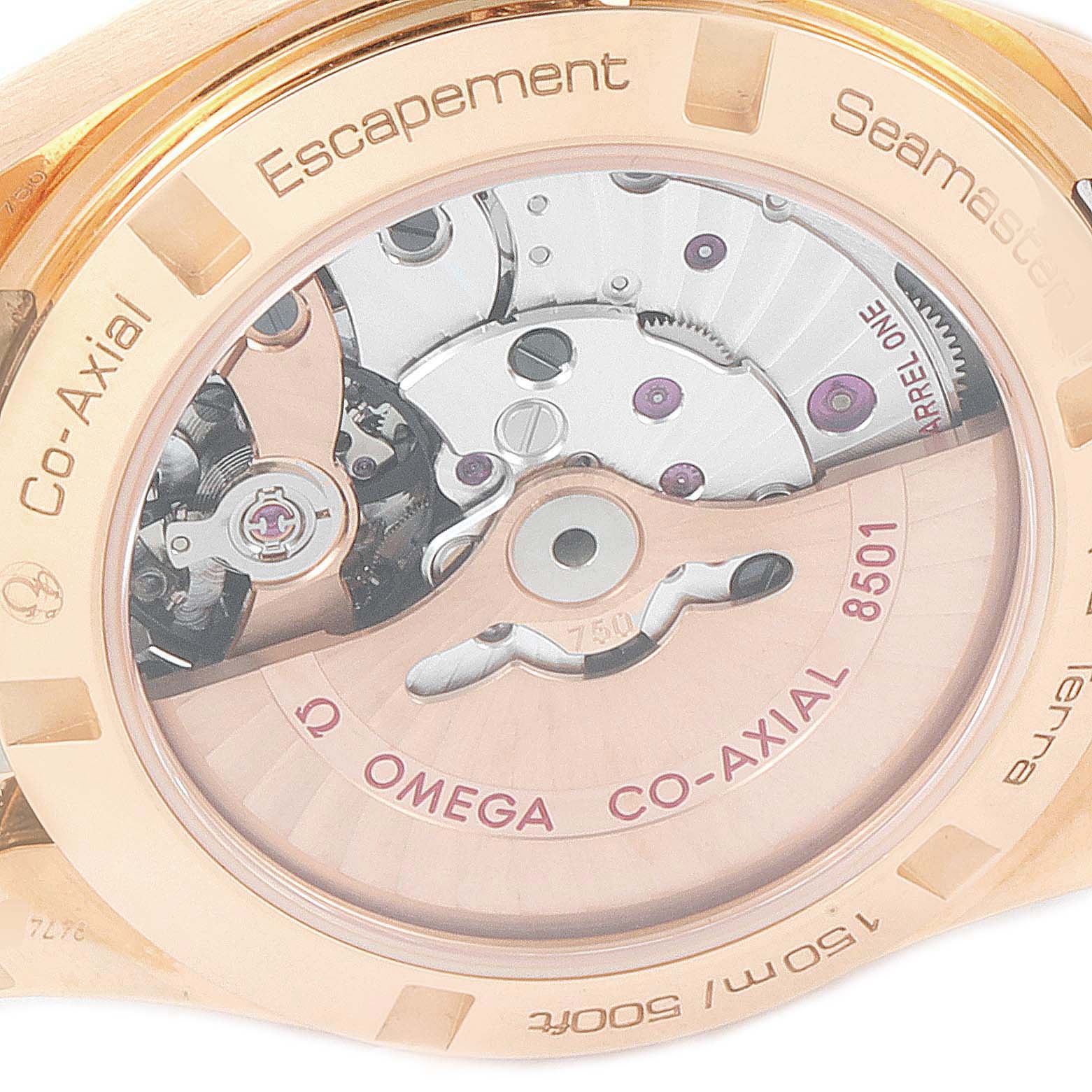 This image shows the back view of the Omega Aqua Terra 231.53.39.21.06.001 Men's Rose Gold Grey Dial 231.53.39.21.06.001 Men's Rose Gold Grey Dial watch, detailing the internal Co-Axial escapement mechanism and engravings.