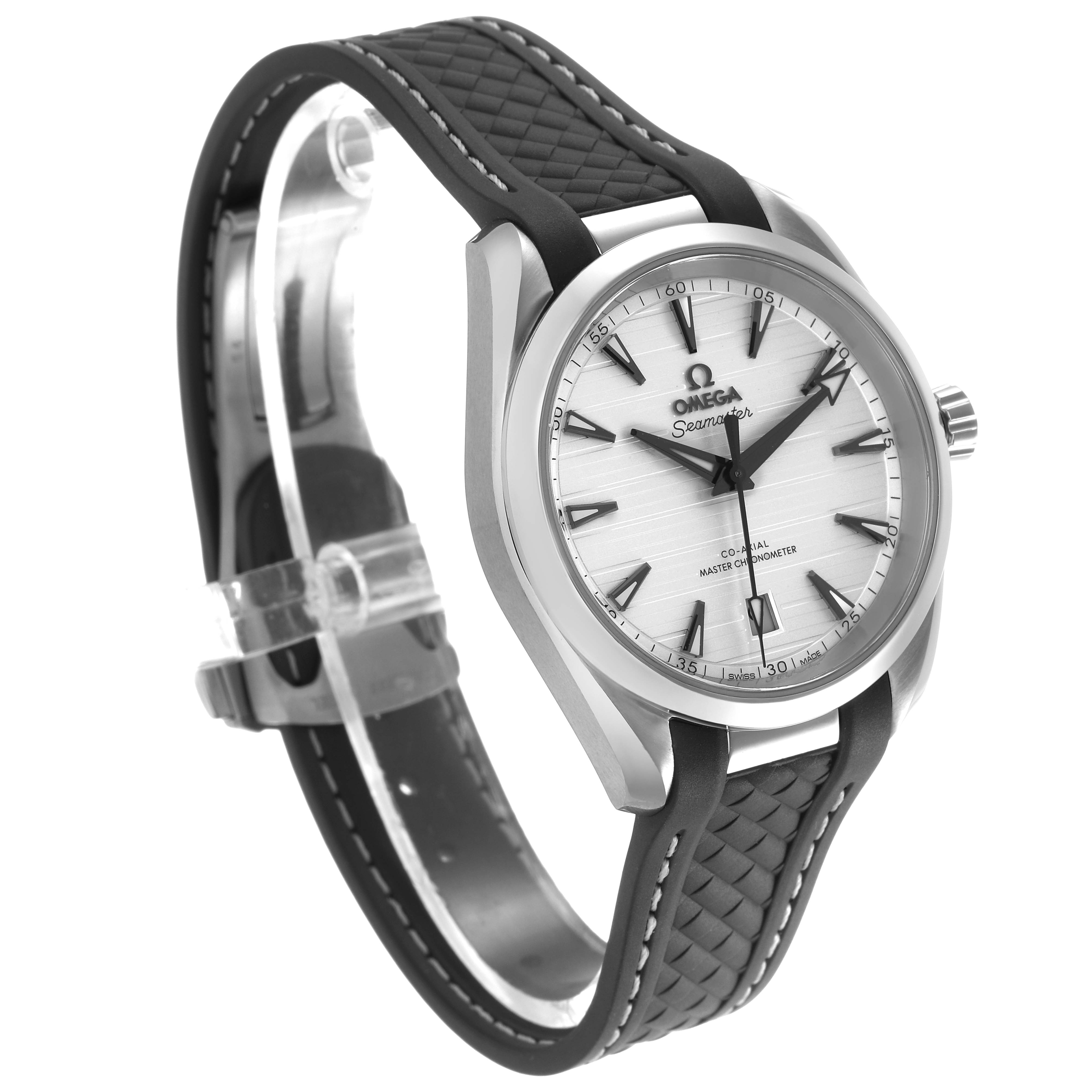 The Omega Aqua Terra 220.12.38.20.02.001 Men's Stainless Steel Silver Dial watch is shown at a three-quarter angle displaying the face, bezel, crown, and strap.