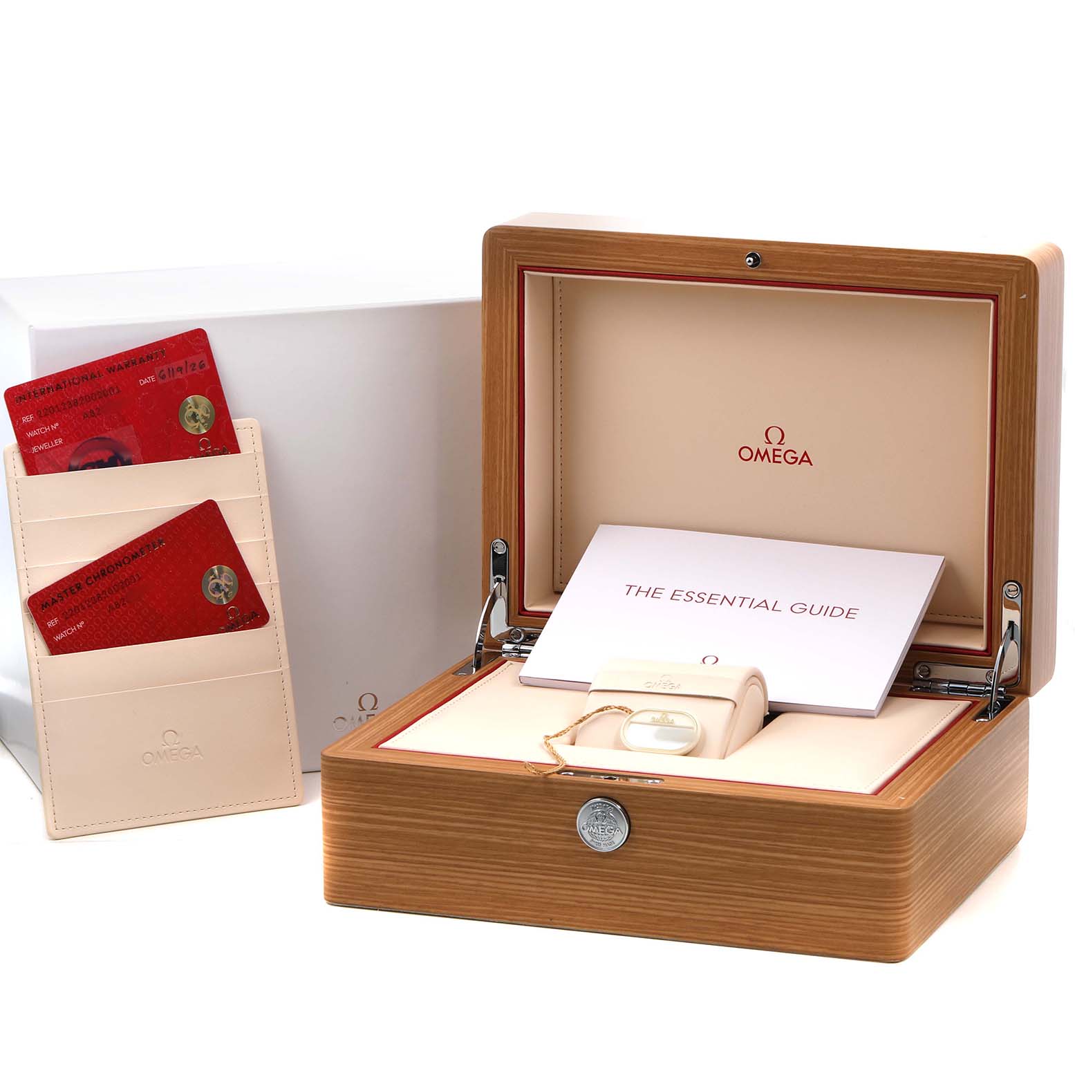 The image shows the Omega Aqua Terra 220.12.38.20.02.001 Men's Stainless Steel Silver Dial watch's wooden presentation box with cards, a booklet, and a travel pouch.