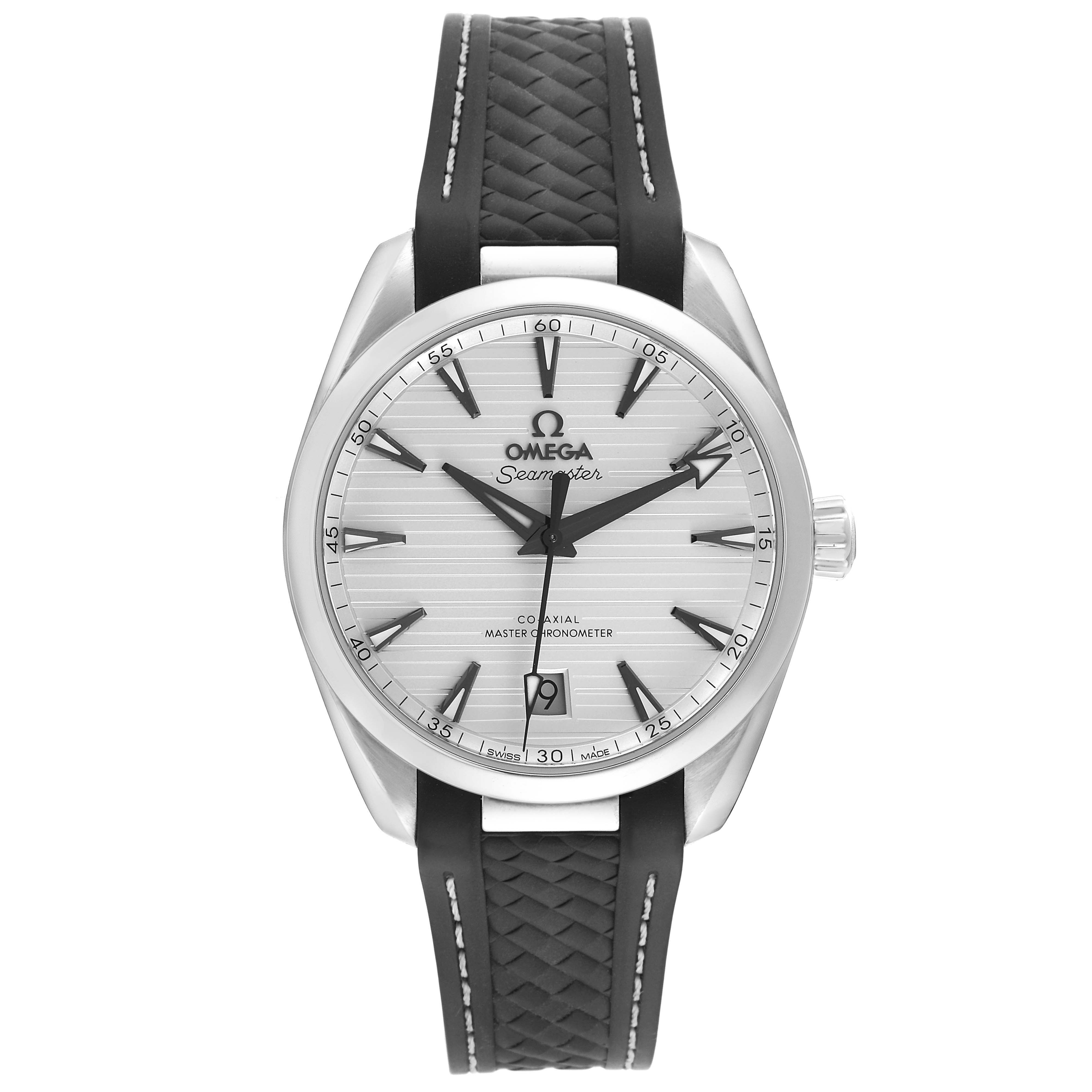 The Omega Aqua Terra 220.12.38.20.02.001 Men's Stainless Steel Silver Dial watch is shown from a front angle, highlighting the face, hands, and strap.