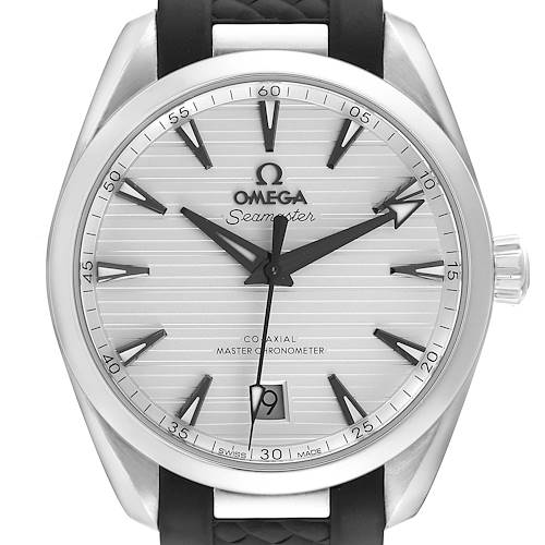 This Omega Aqua Terra 220.12.38.20.02.001 Mens Stainless Steel Silver Dial watch is shown from a frontal angle, displaying the dial, bezel, hands, crown, and strap.