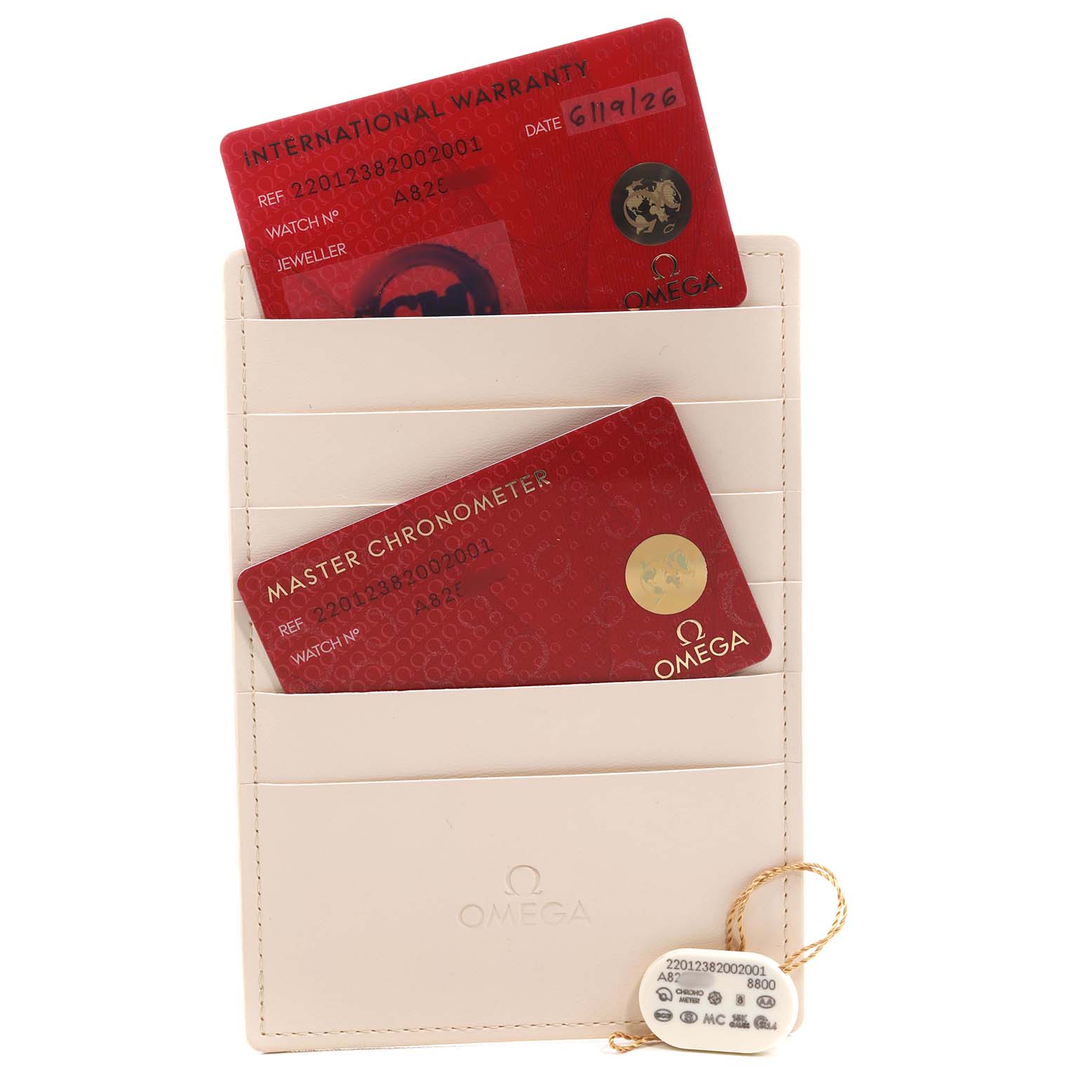 The image shows Omega Aqua Terra 220.12.38.20.02.001 Men's Stainless Steel Silver Dial model warranty and chronometer cards in a sleeve, along with a hang tag.