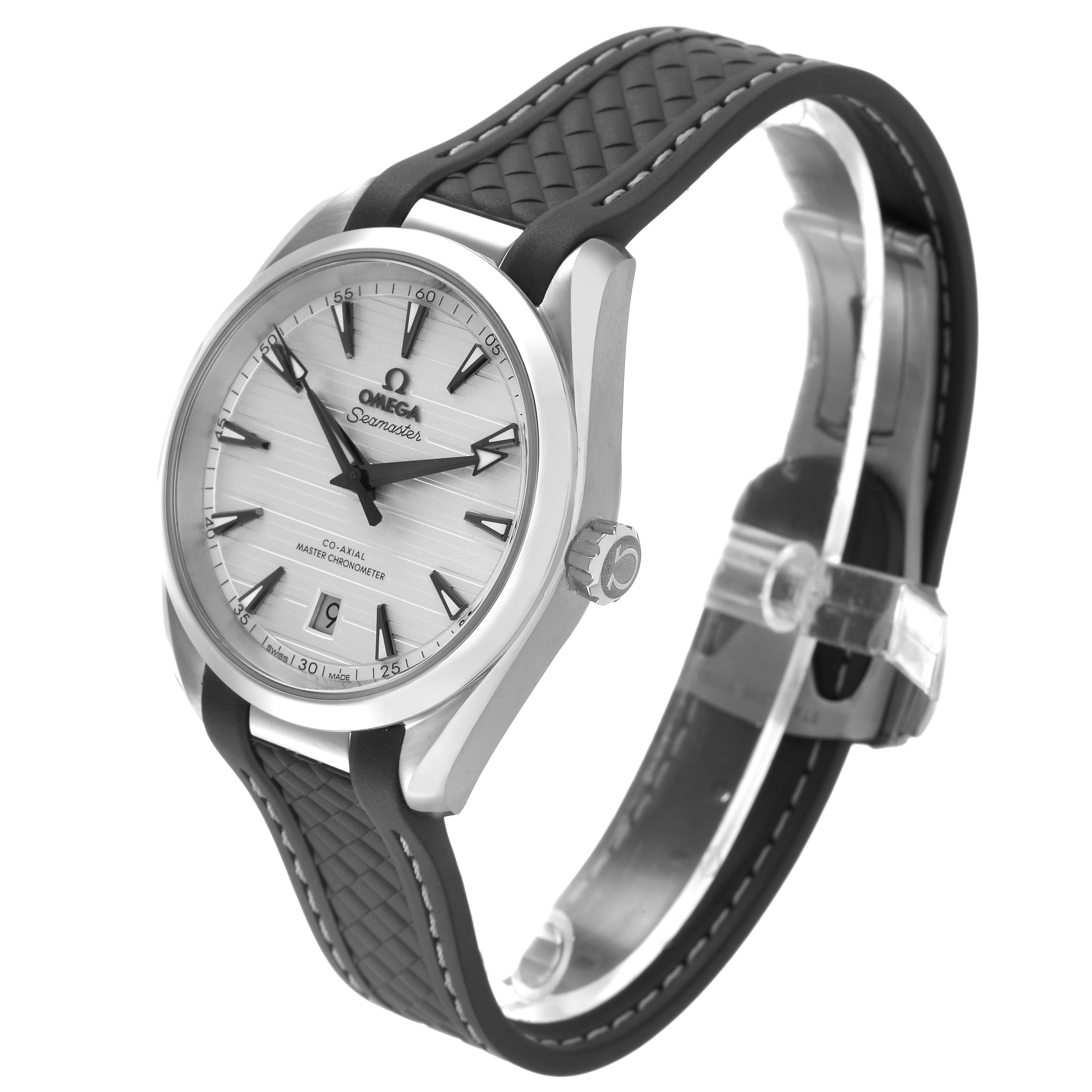 The Omega Aqua Terra 220.12.38.20.02.001 Men's Stainless Steel Silver Dial watch is shown at a three-quarter angle, highlighting the face, crown, and rubber strap.