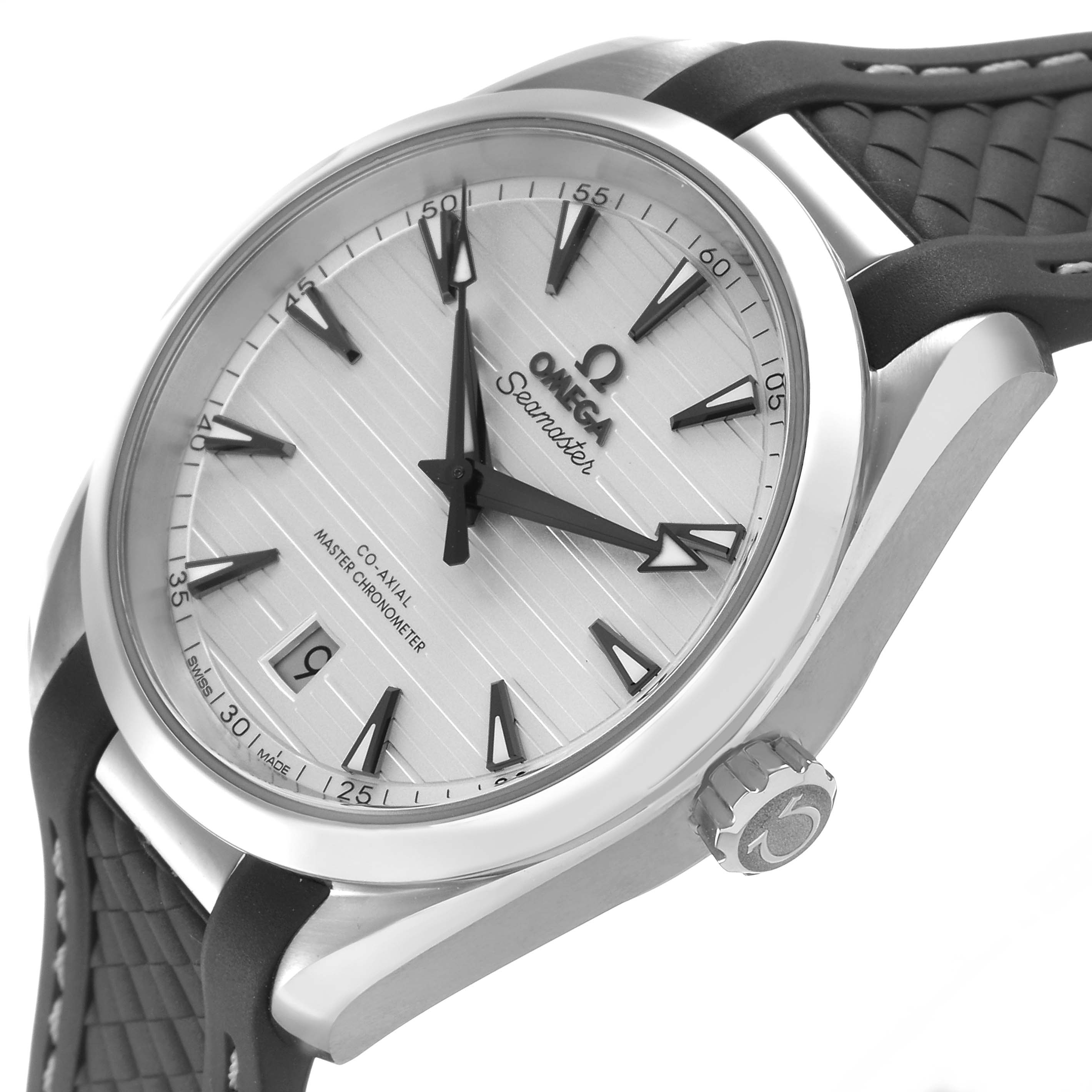 The image shows an angled close-up of the Omega Aqua Terra 220.12.38.20.02.001 Men's Stainless Steel Silver Dial watch face, bezel, and crown.