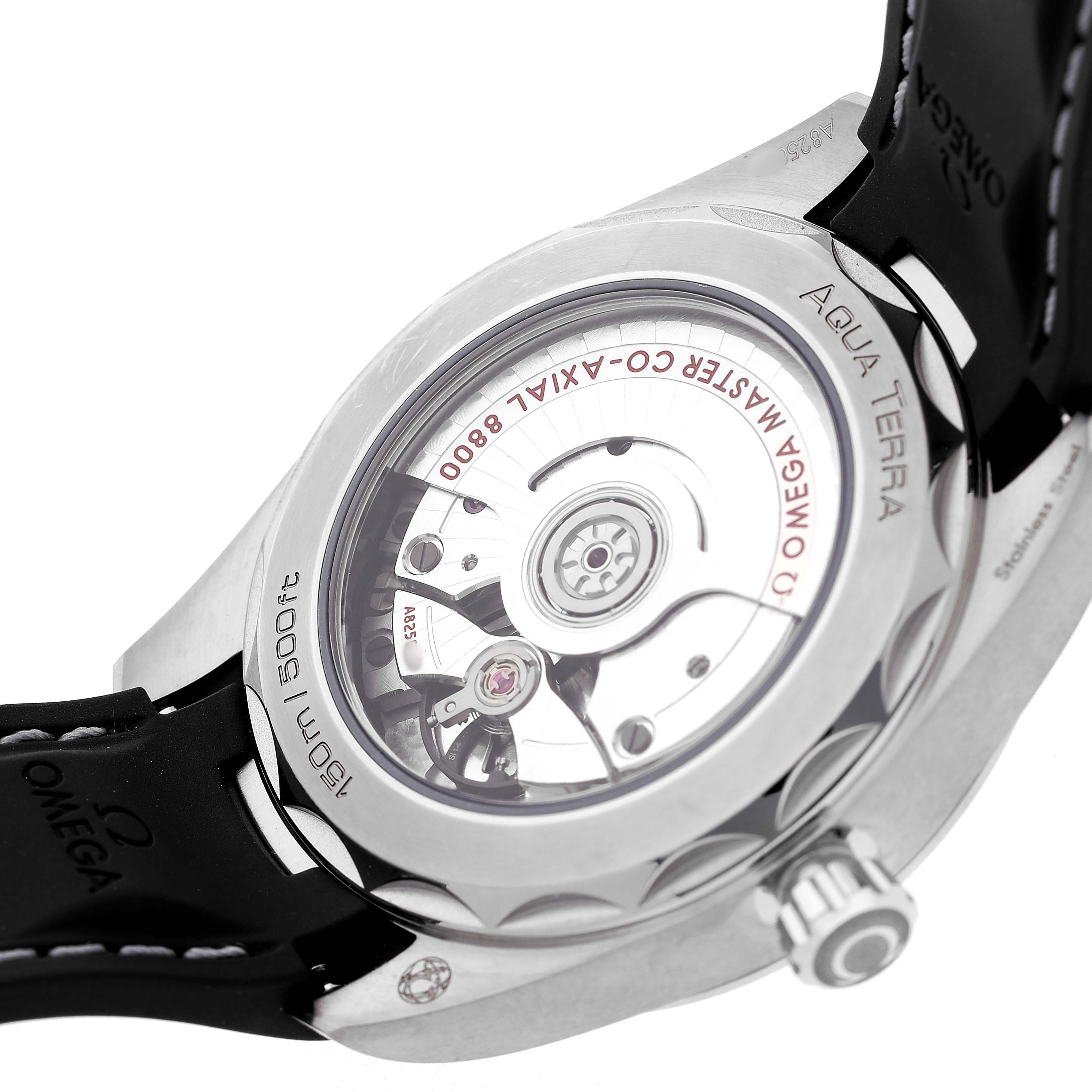 The image shows the back of the Omega Aqua Terra 220.12.38.20.02.001 Men's Stainless Steel Silver Dial watch, highlighting its movement and case details.