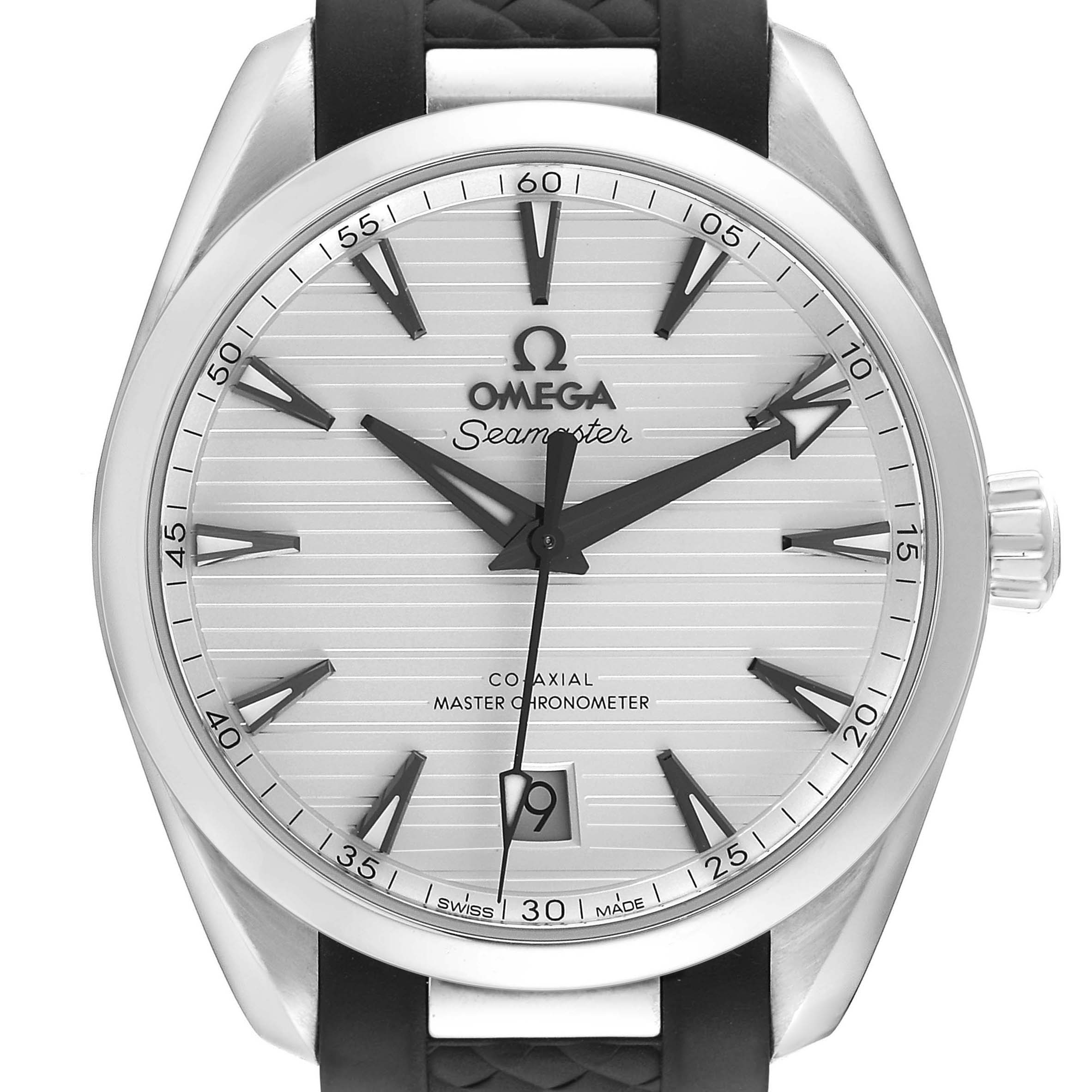 The Omega Aqua Terra 220.12.38.20.02.001 Men's Stainless Steel Silver Dial watch is shown from the front, highlighting the dial, hands, crown, and part of the strap.