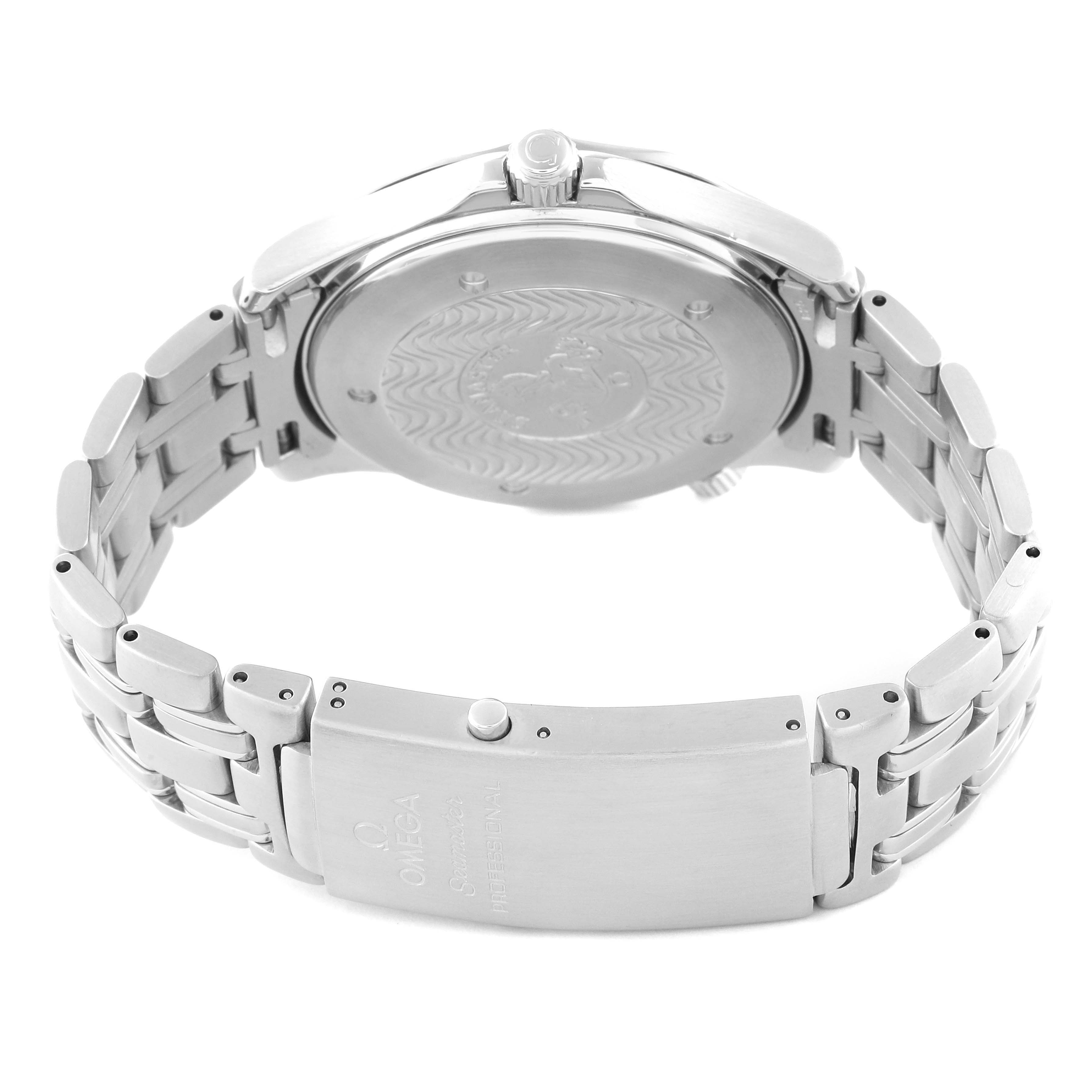 This image shows the back case, crown, and bracelet clasp of an Omega Seamaster 2531.80.00 Men
s Stainless Steel Blue Dial 2531.80.00 Men
s Stainless Steel Blue Dial watch from a rear angle.