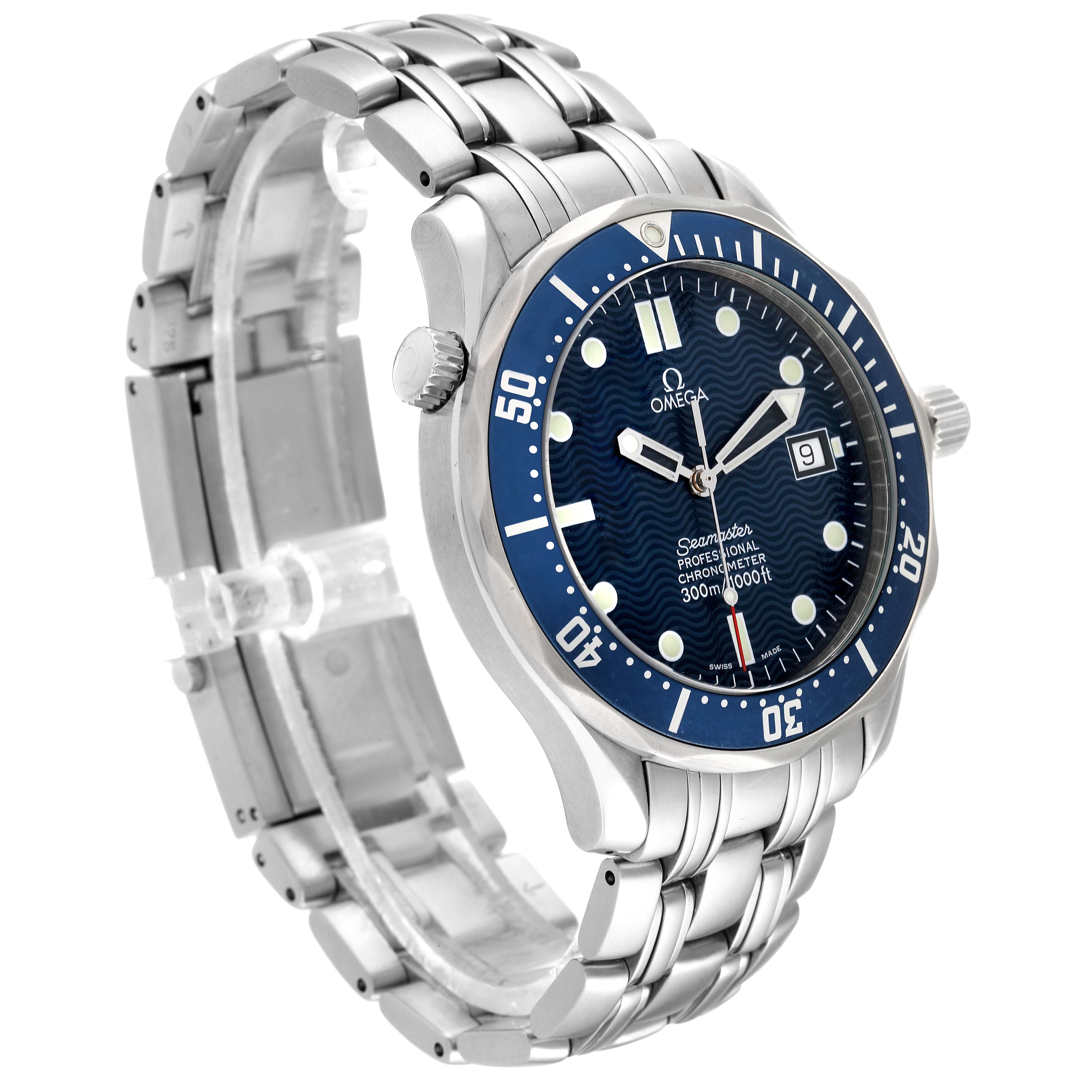 The Omega Seamaster 2531.80.00 Men
s Stainless Steel Blue Dial 2531.80.00 Men
s Stainless Steel Blue Dial watch is shown at a side angle, displaying the face, bezel, crown, and metallic bracelet.