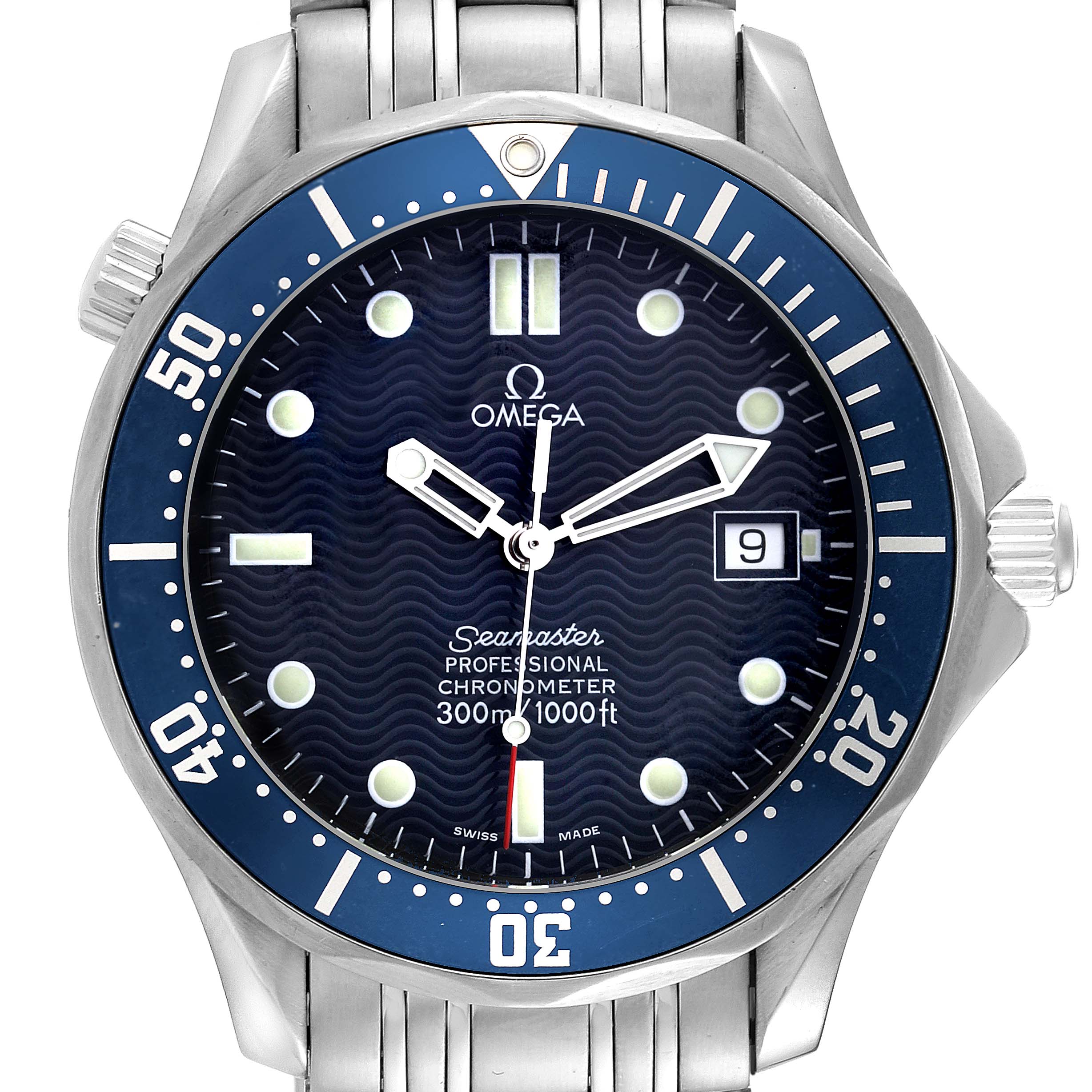 This image shows a front view of the Omega Seamaster 2531.80.00 Men
s Stainless Steel Blue Dial 2531.80.00 Men
s Stainless Steel Blue Dial, displaying the dial, bezel, hands, date window, and part of the bracelet.