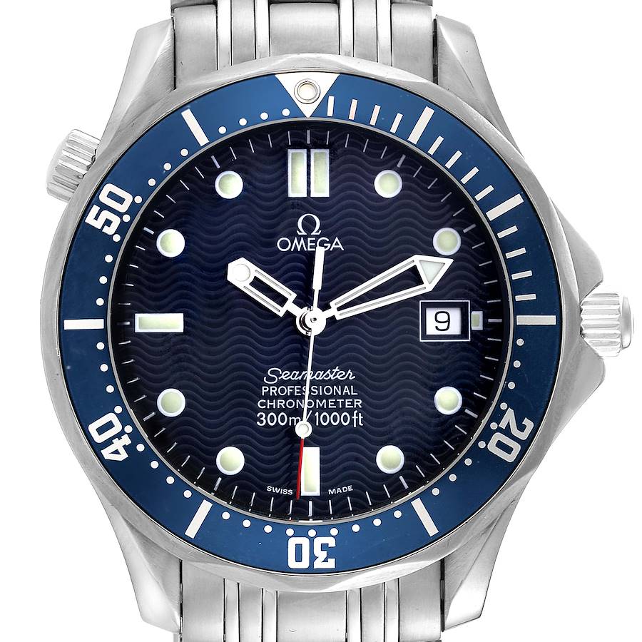 This image shows a front view of the Omega Seamaster, displaying the dial, bezel, hands, date window, and part of the bracelet.