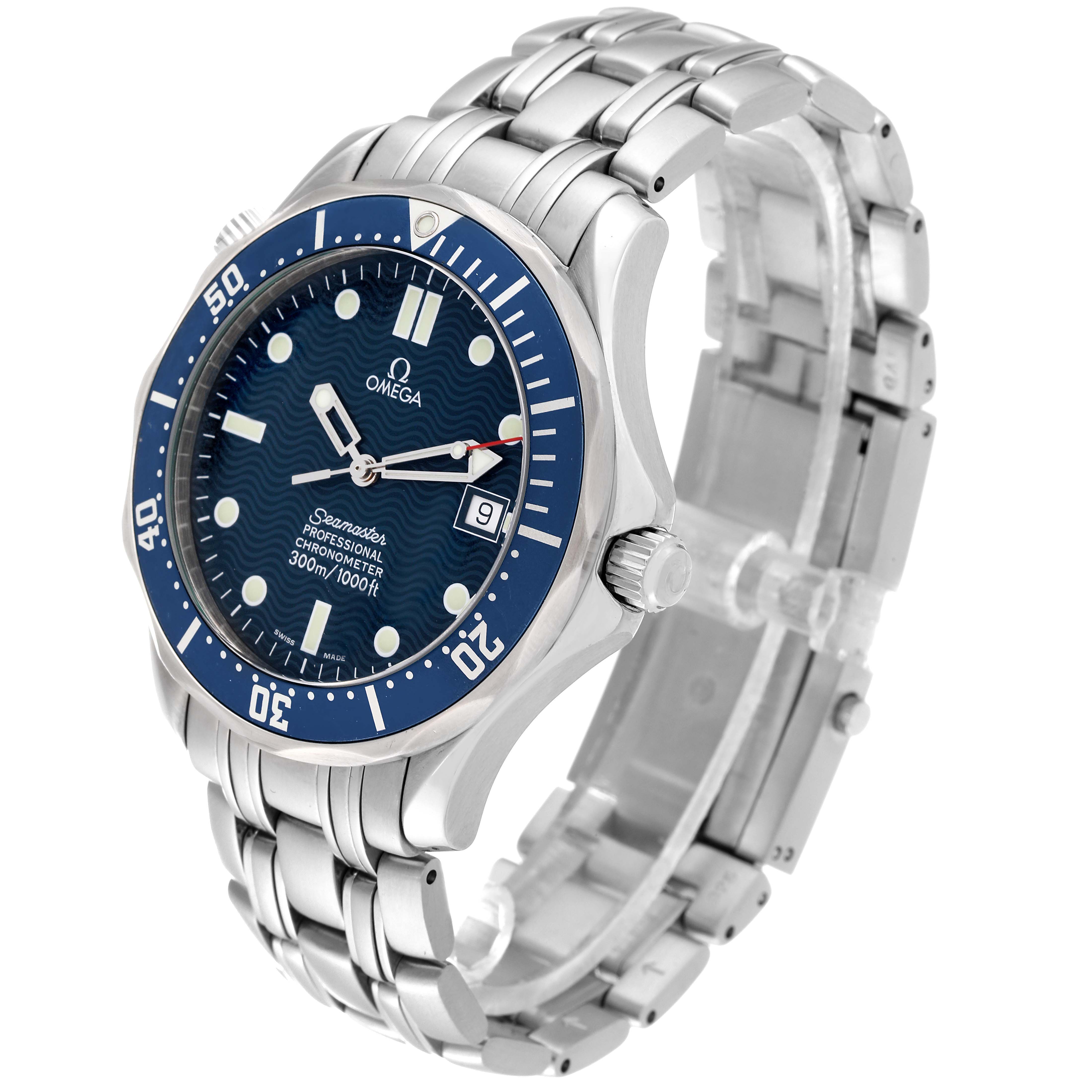 The Omega Seamaster 2531.80.00 Men
s Stainless Steel Blue Dial 2531.80.00 Men
s Stainless Steel Blue Dial watch is shown at an angled view displaying the face, bezel, crown, and metal bracelet.