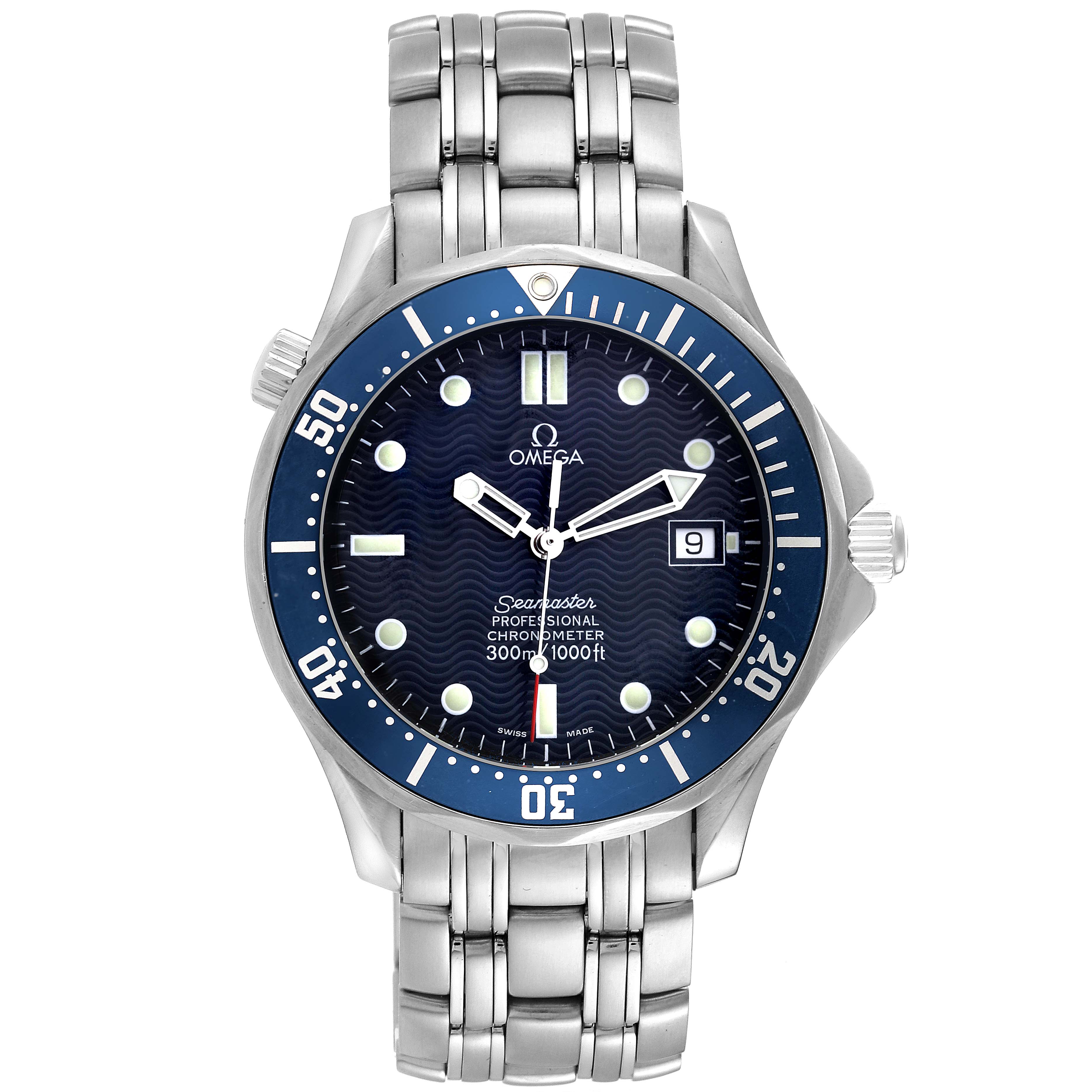 The image shows a front view of the Omega Seamaster 2531.80.00 Men
s Stainless Steel Blue Dial 2531.80.00 Men
s Stainless Steel Blue Dial watch, featuring its stainless steel bracelet, blue bezel, and dial with luminous indices.