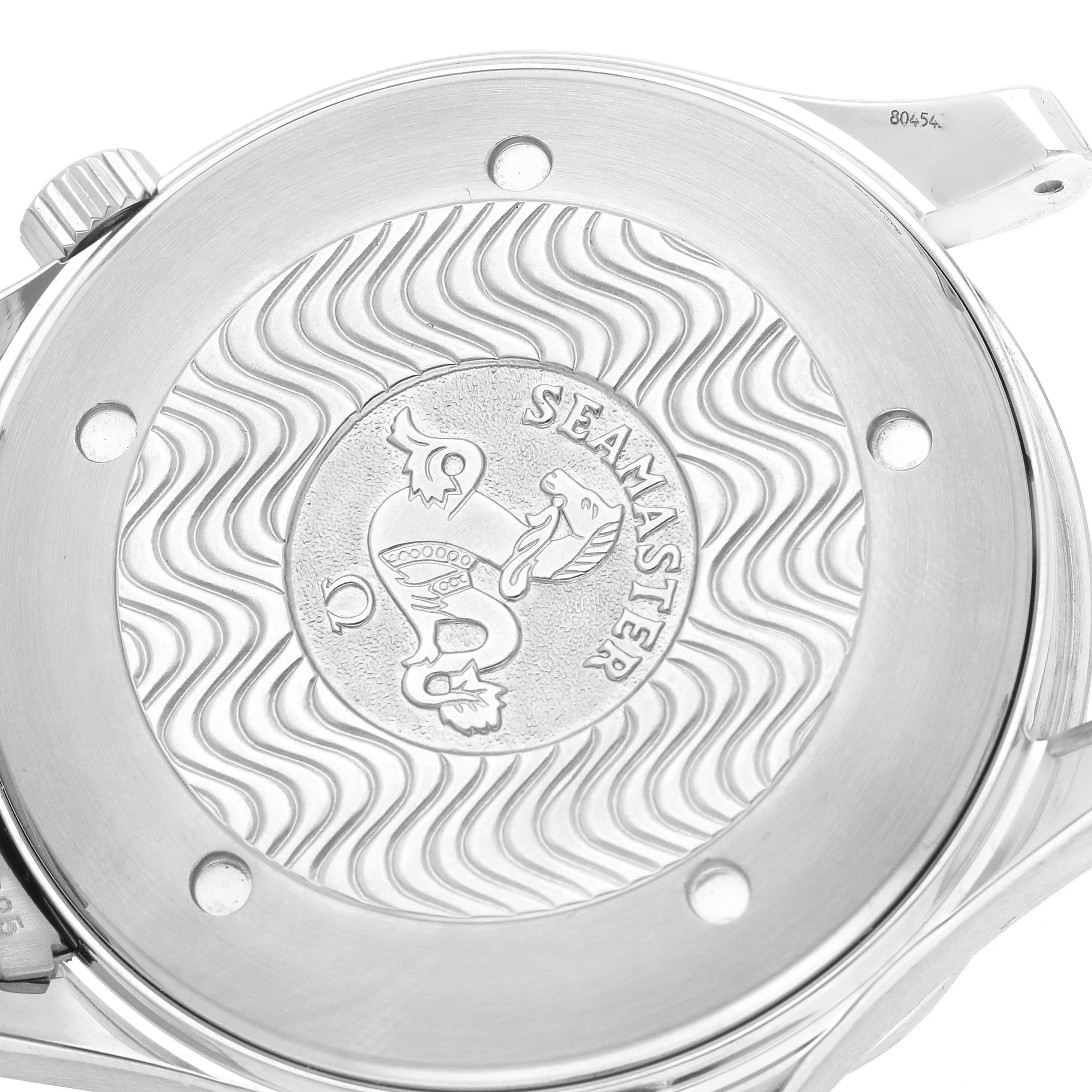 This image shows the back case of an Omega Seamaster 2531.80.00 Men
s Stainless Steel Blue Dial 2531.80.00 Men
s Stainless Steel Blue Dial watch at a close-up angle, highlighting its engraved design.