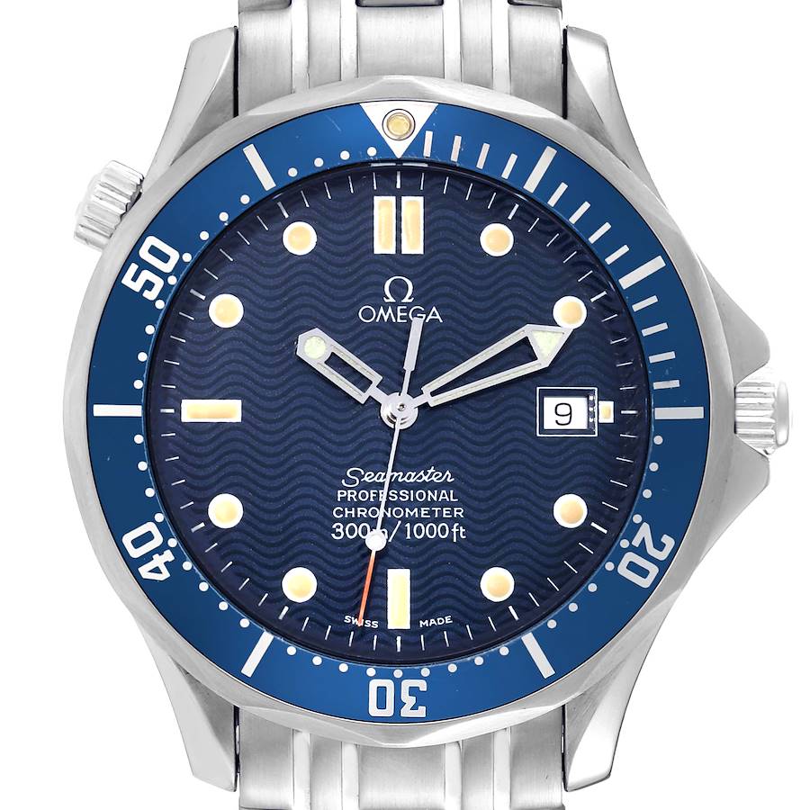 The image shows a front view of an Omega Seamaster watch, including the dial, bezel, and part of the bracelet.