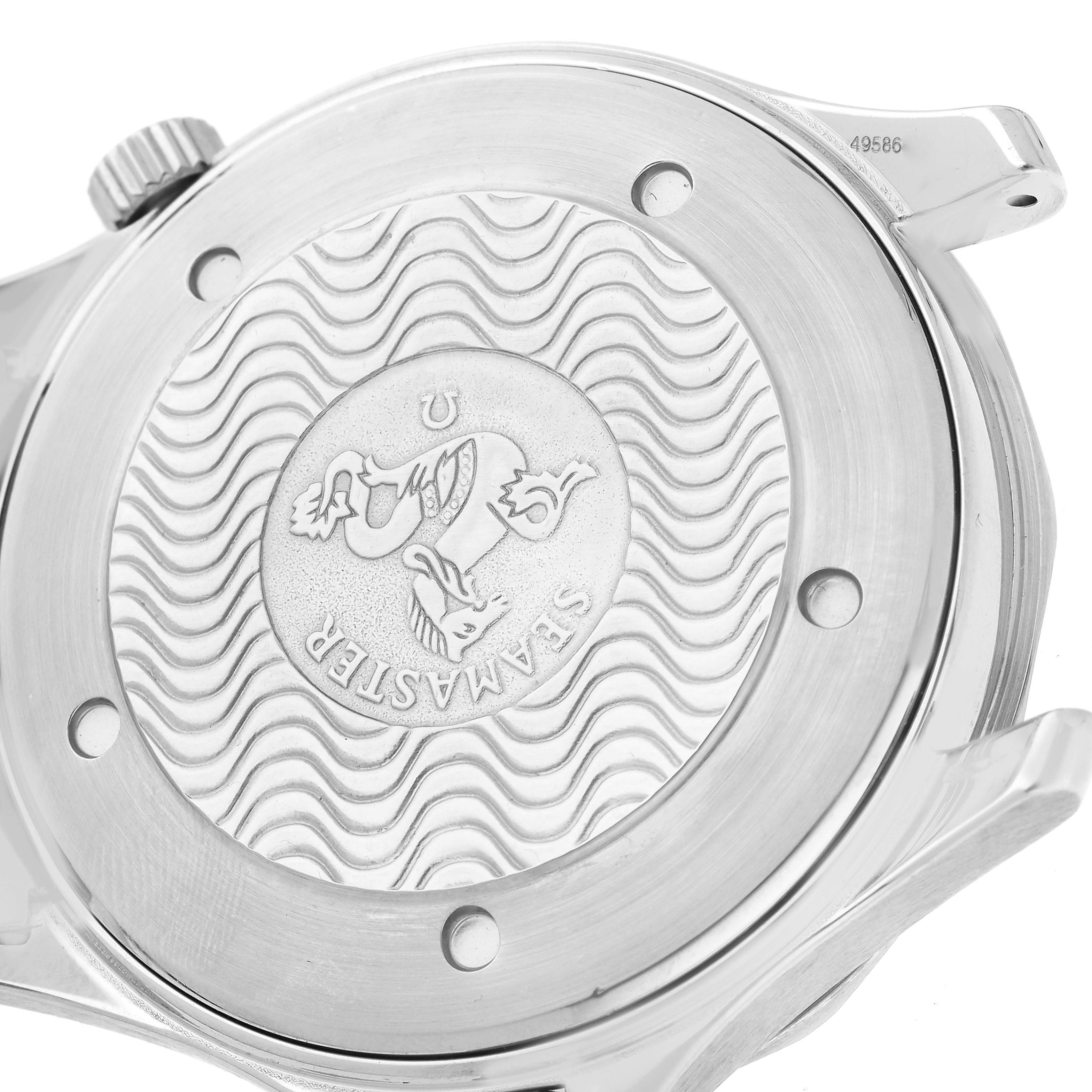 The image shows the back case of an Omega Seamaster 2531.80.00 Men
s Stainless Steel Blue Dial 2531.80.00 Men
s Stainless Steel Blue Dial watch at a slight angle.