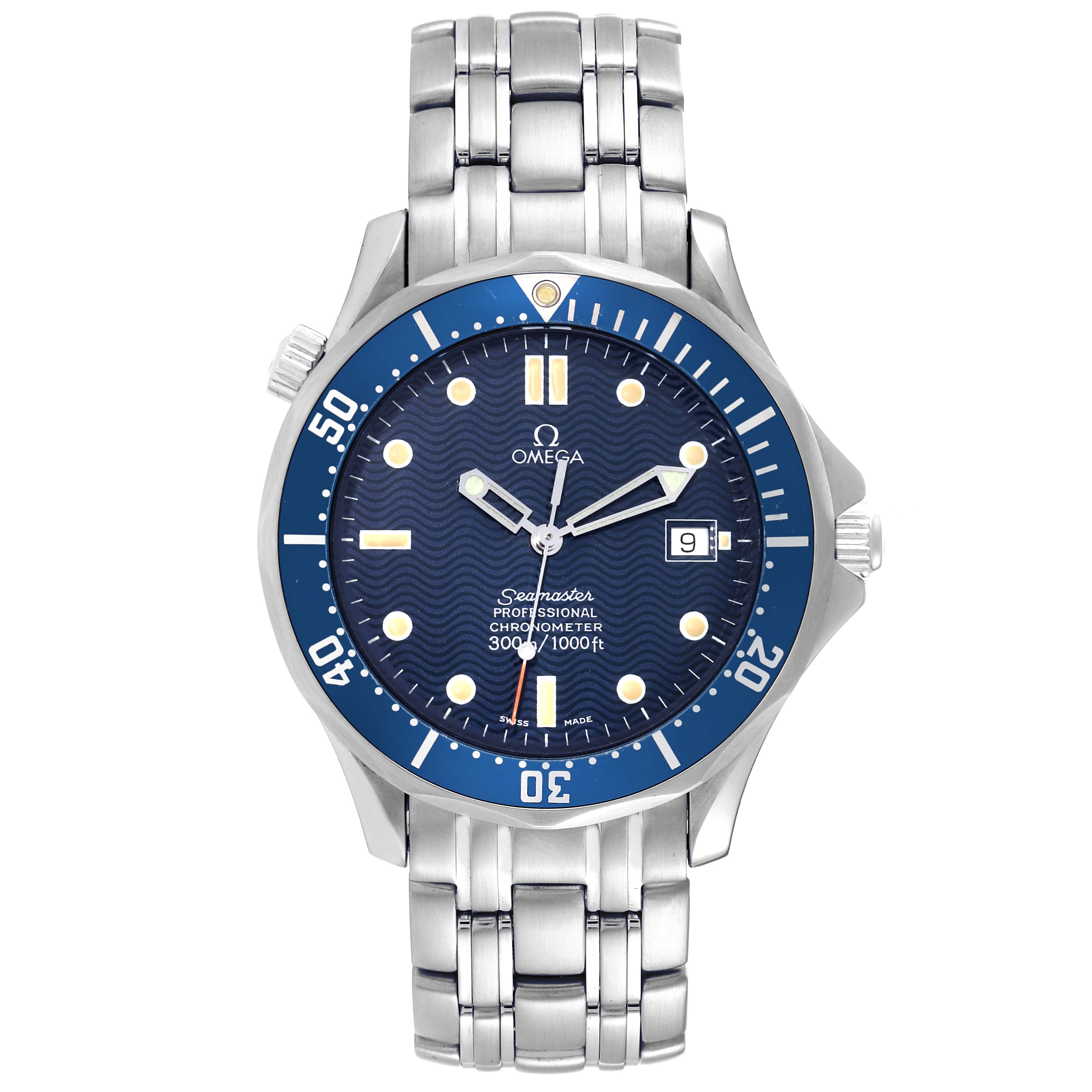 The image shows a front view of the Omega Seamaster 2531.80.00 Men
s Stainless Steel Blue Dial 2531.80.00 Men
s Stainless Steel Blue Dial watch, displaying the face, bezel, and metal bracelet.