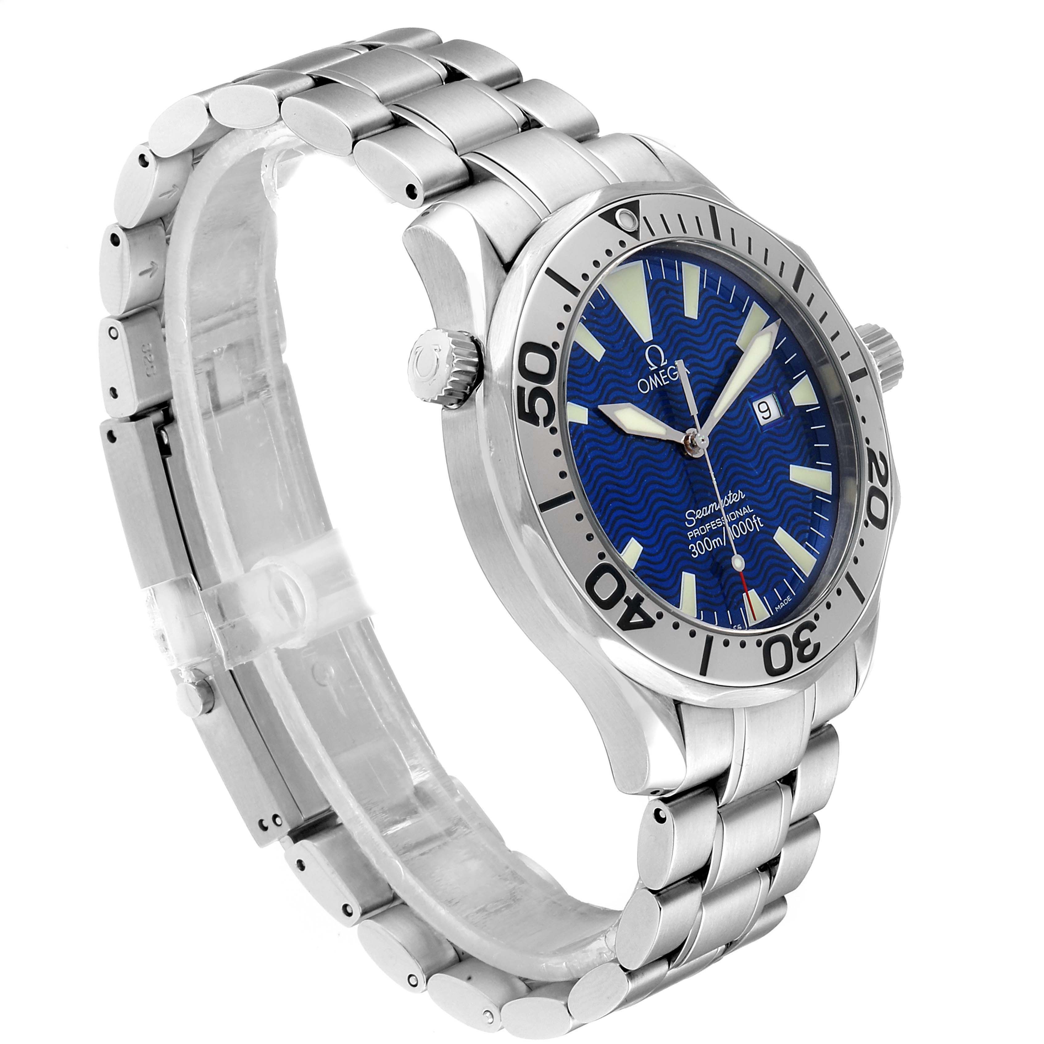 This image shows the Omega Seamaster 2265.80.00 Men
s Stainless Steel Blue Dial 2265.80.00 Men
s Stainless Steel Blue Dial watch from a side angle, highlighting the bracelet, bezel, and blue dial.