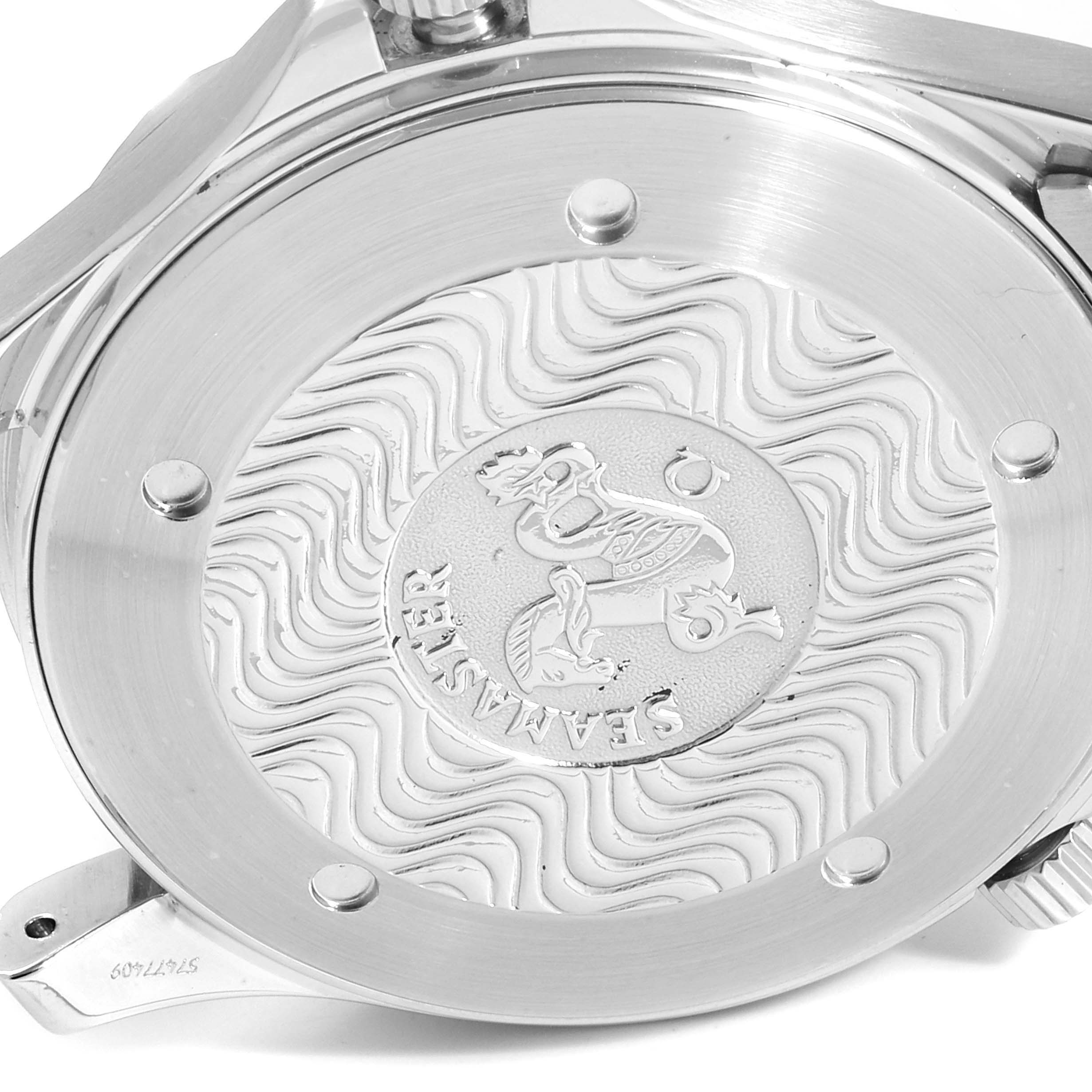 The image shows the back case of the Omega Seamaster 2265.80.00 Men
s Stainless Steel Blue Dial 2265.80.00 Men
s Stainless Steel Blue Dial watch, highlighting its intricate engraving.