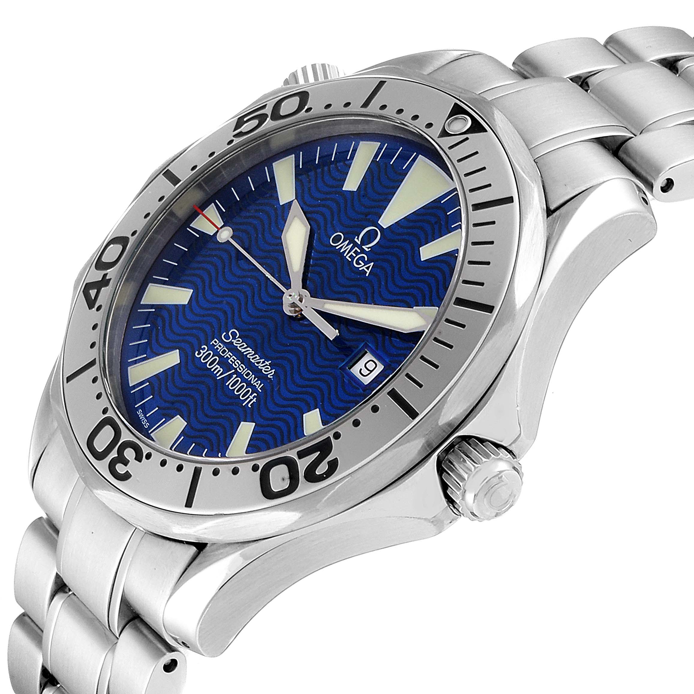 This image shows a close-up angle of an Omega Seamaster 2265.80.00 Men
s Stainless Steel Blue Dial 2265.80.00 Men
s Stainless Steel Blue Dial watch, highlighting the dial, bezel, crown, and part of the bracelet.