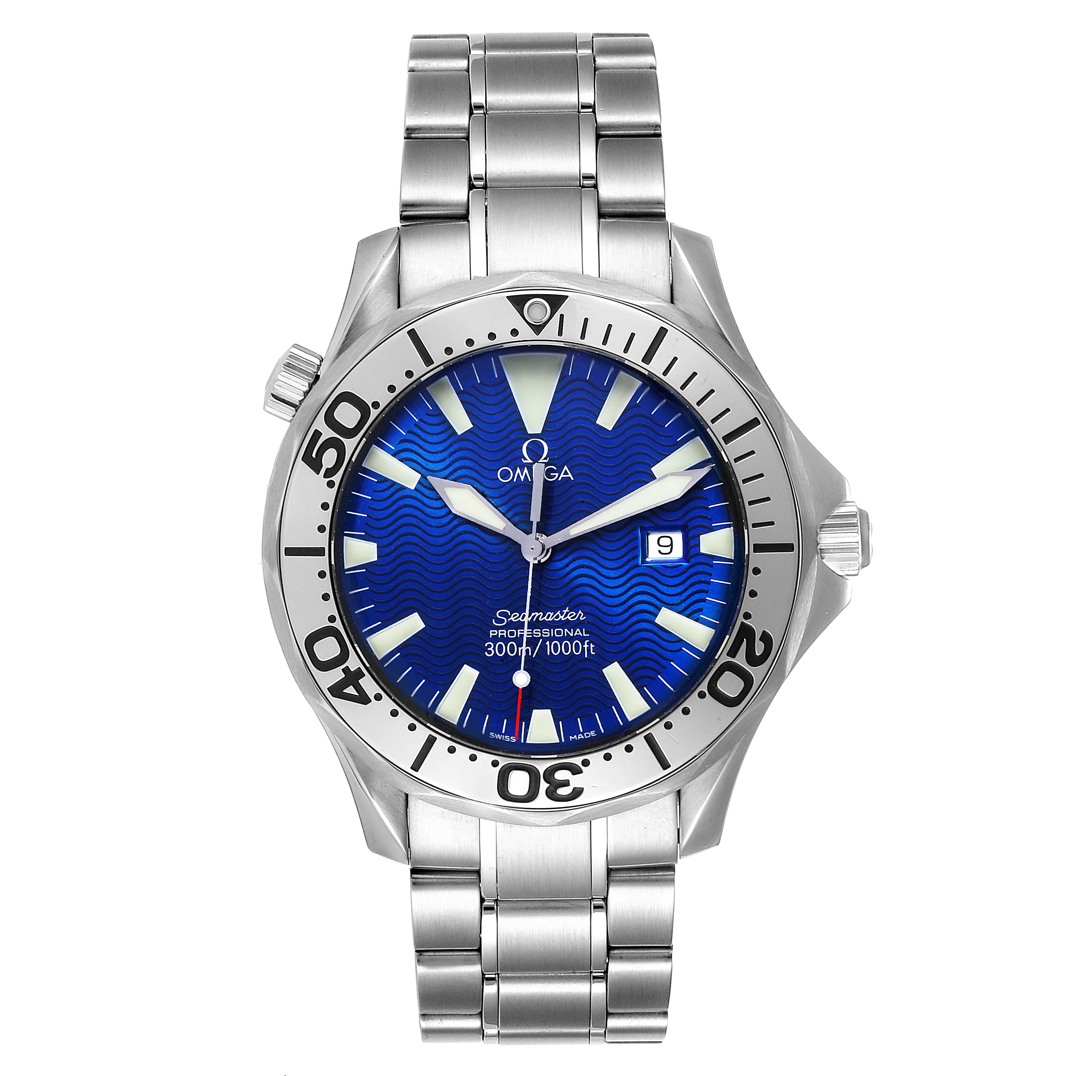 This image shows a front view of the Omega Seamaster 2265.80.00 Men
s Stainless Steel Blue Dial 2265.80.00 Men
s Stainless Steel Blue Dial watch featuring its dial, bezel, and metal bracelet.