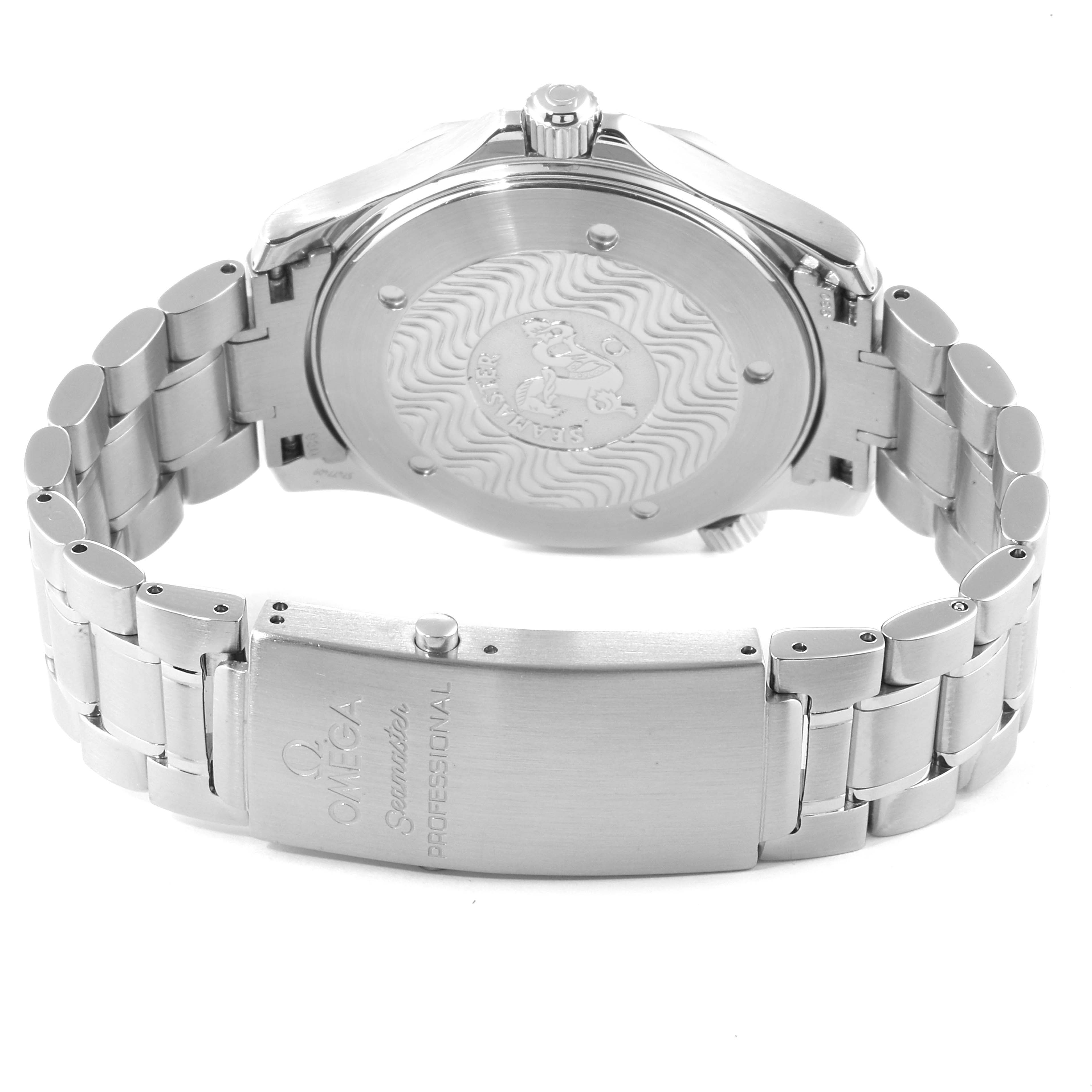 The image shows the back and clasp of an Omega Seamaster 2265.80.00 Men
s Stainless Steel Blue Dial 2265.80.00 Men
s Stainless Steel Blue Dial watch at a slightly tilted angle.