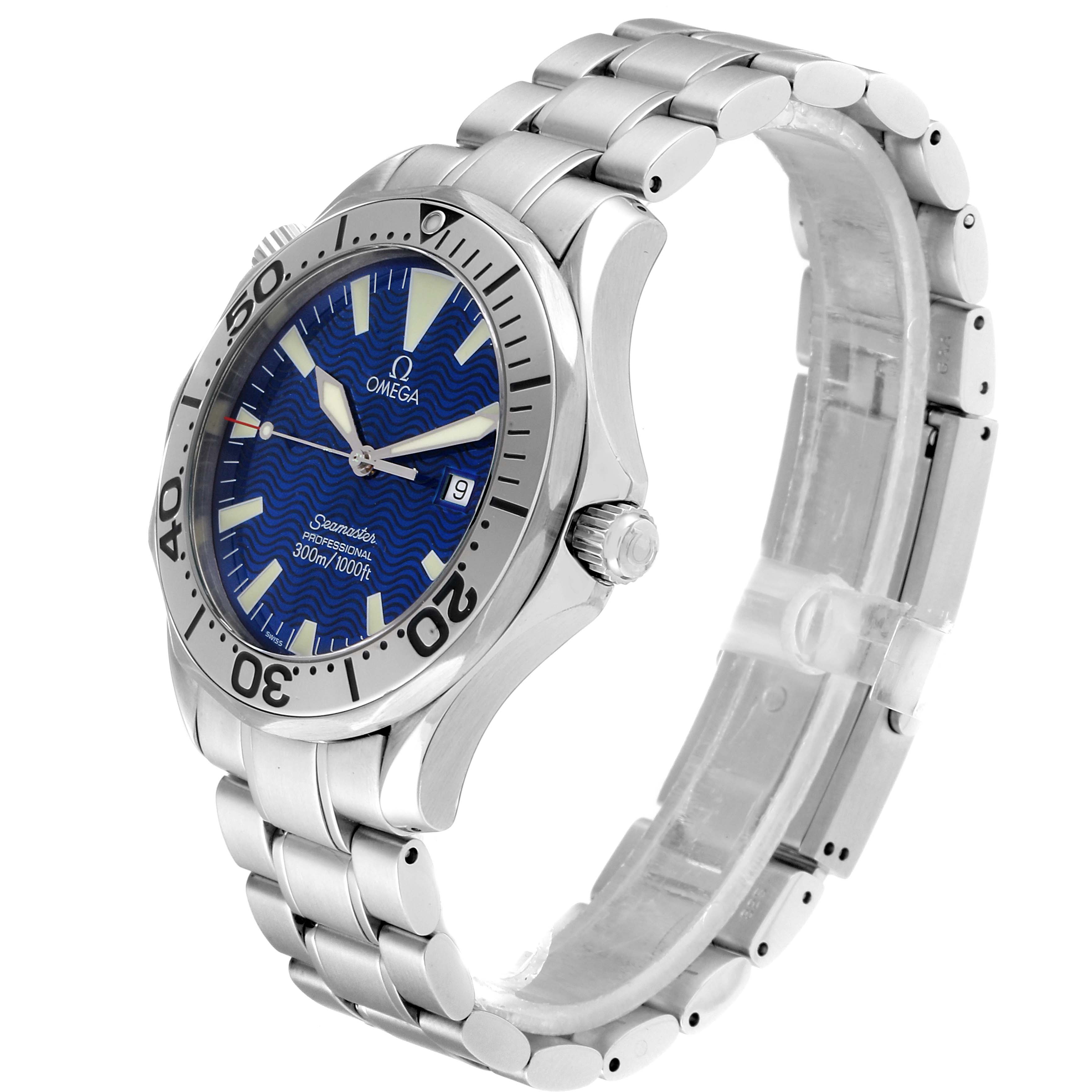 The Omega Seamaster 2265.80.00 Men
s Stainless Steel Blue Dial 2265.80.00 Men
s Stainless Steel Blue Dial watch is shown at a three-quarter angle, highlighting the dial, bezel, crown, and metal bracelet.