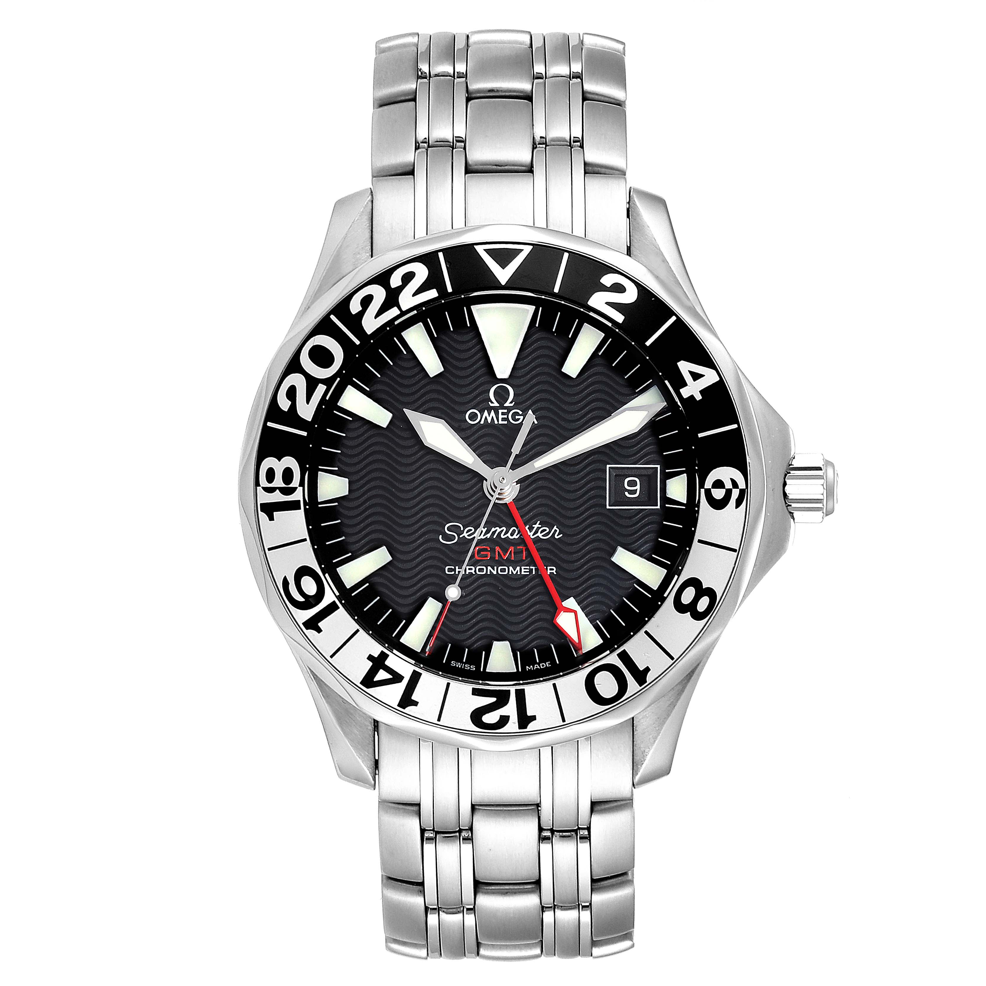 The image shows a front view of an Omega Seamaster 2534.50.00 Men
s Stainless Steel Black Dial 2534.50.00 Men
s Stainless Steel Black Dial GMT watch, highlighting its dial, bezel, and stainless steel bracelet.