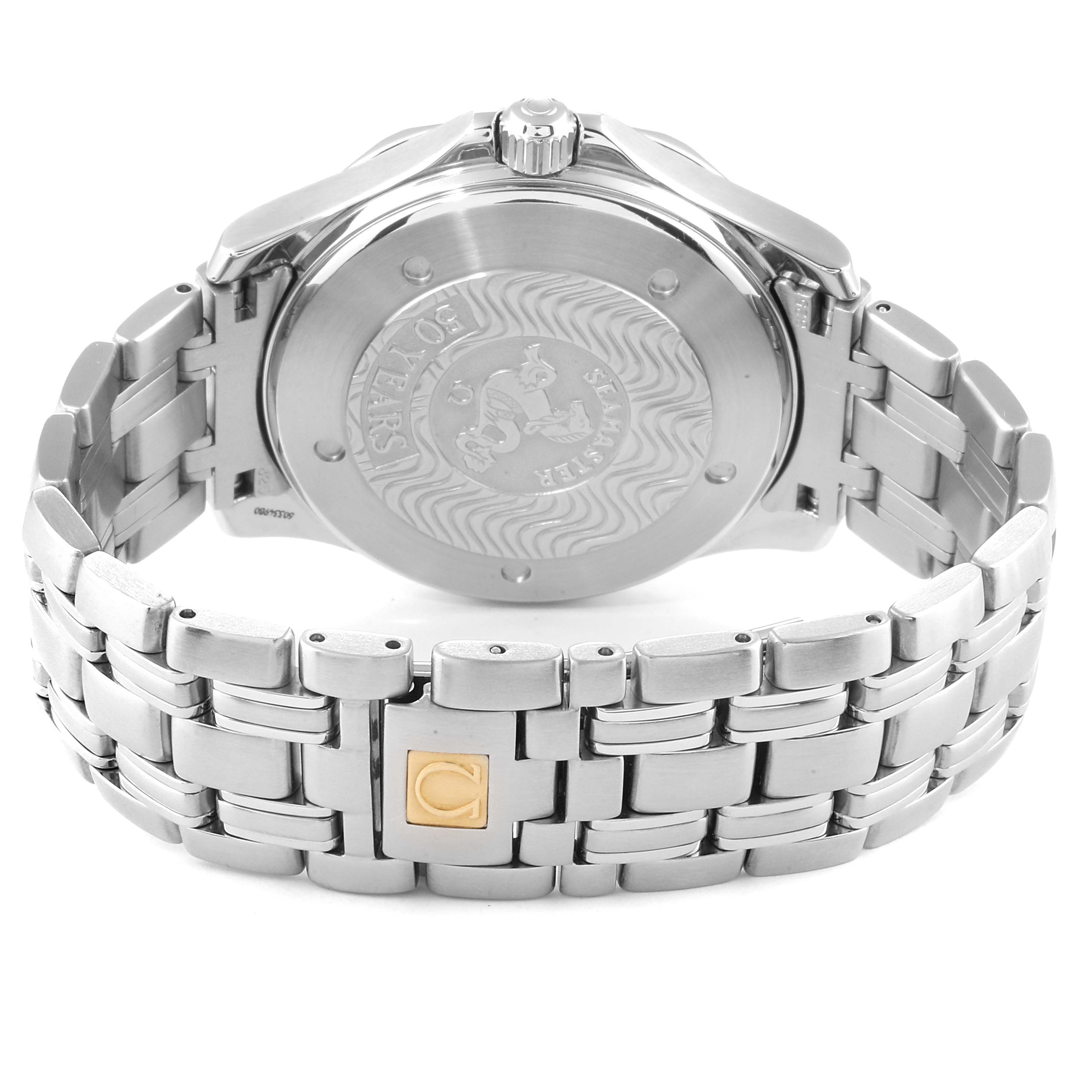 The image shows the back case and stainless steel bracelet of an Omega Seamaster 2534.50.00 Men
s Stainless Steel Black Dial 2534.50.00 Men
s Stainless Steel Black Dial watch.