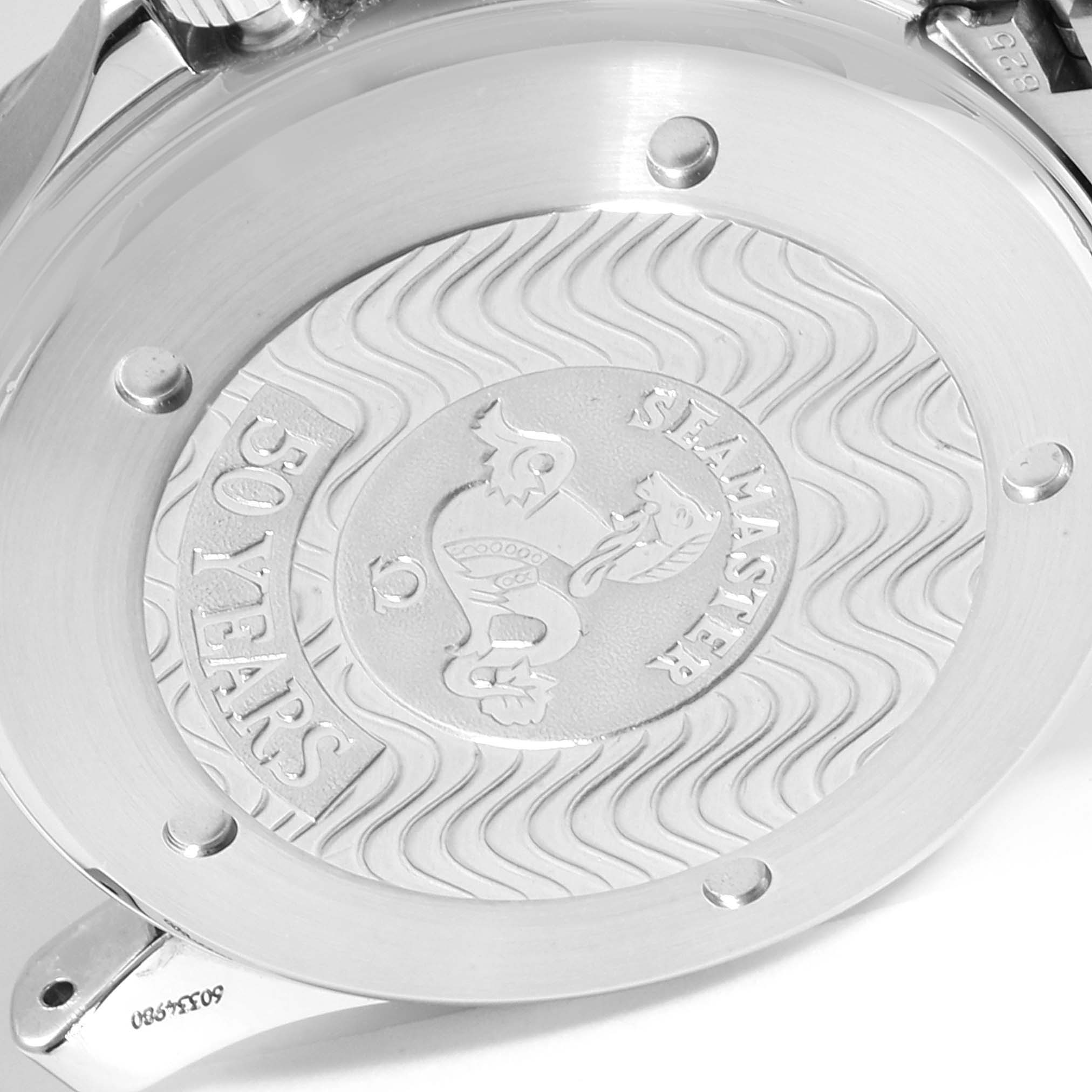 The image shows the engraved case back of an Omega Seamaster 2534.50.00 Men
s Stainless Steel Black Dial 2534.50.00 Men
s Stainless Steel Black Dial watch from a slightly angled view.