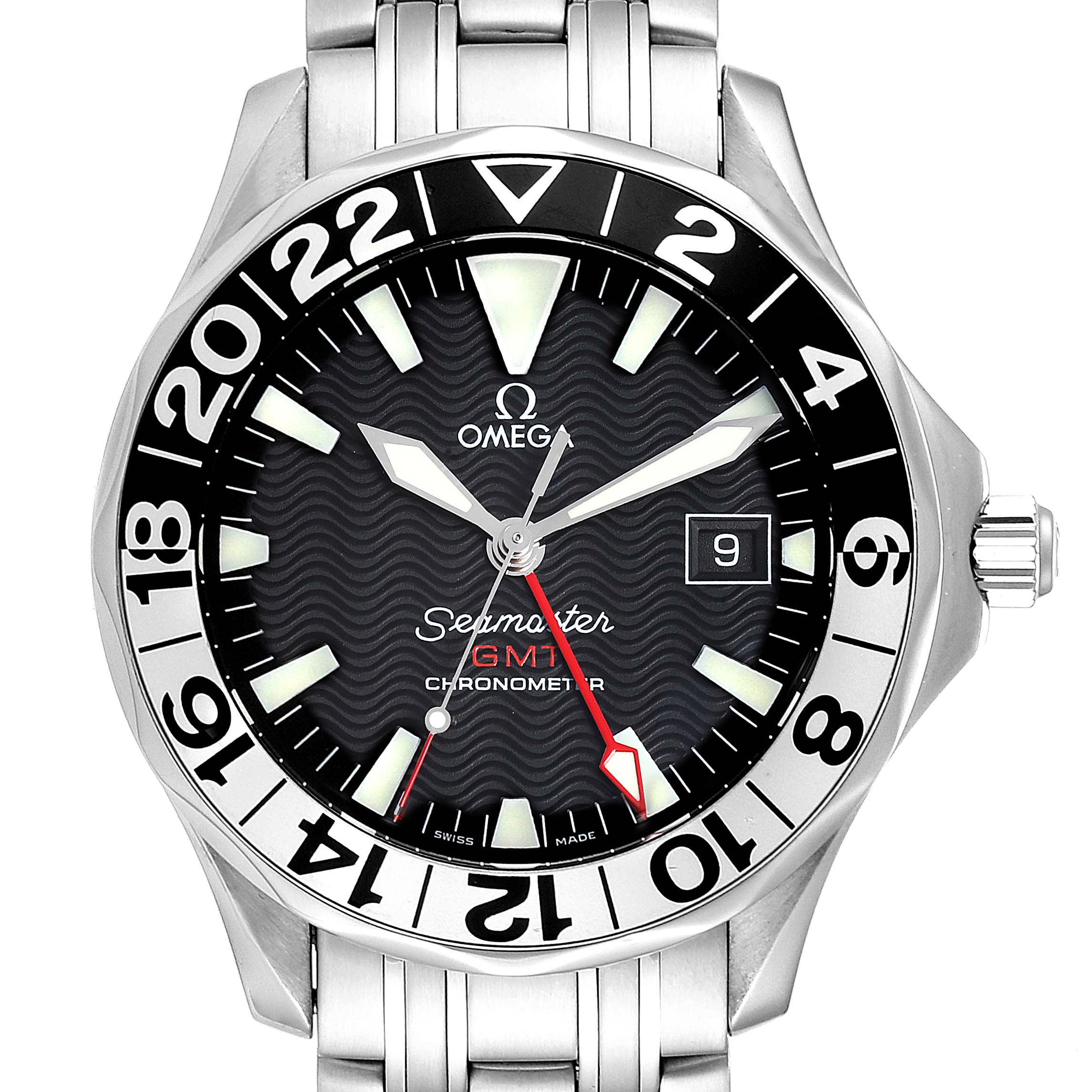 The image shows a front view of the Omega Seamaster 2534.50.00 Men
s Stainless Steel Black Dial 2534.50.00 Men
s Stainless Steel Black Dial GMT Chronometer watch, highlighting its bezel, dial, hands, and date display.