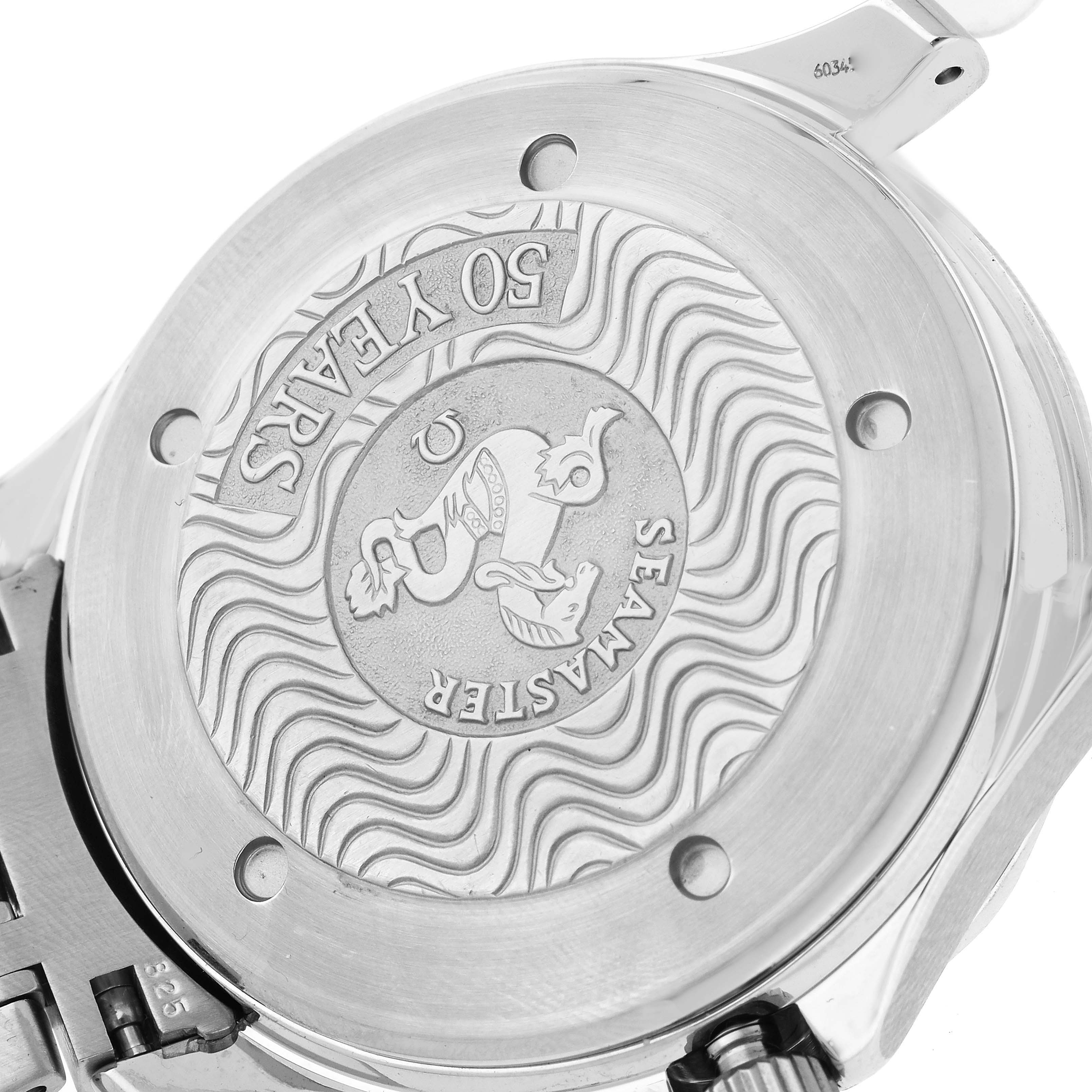 This image shows the back of an Omega Seamaster 2534.50.00 Men
s Stainless Steel Black Dial 2534.50.00 Men
s Stainless Steel Black Dial watch, highlighting an engraved "50 Years" design and the Seamaster branding.