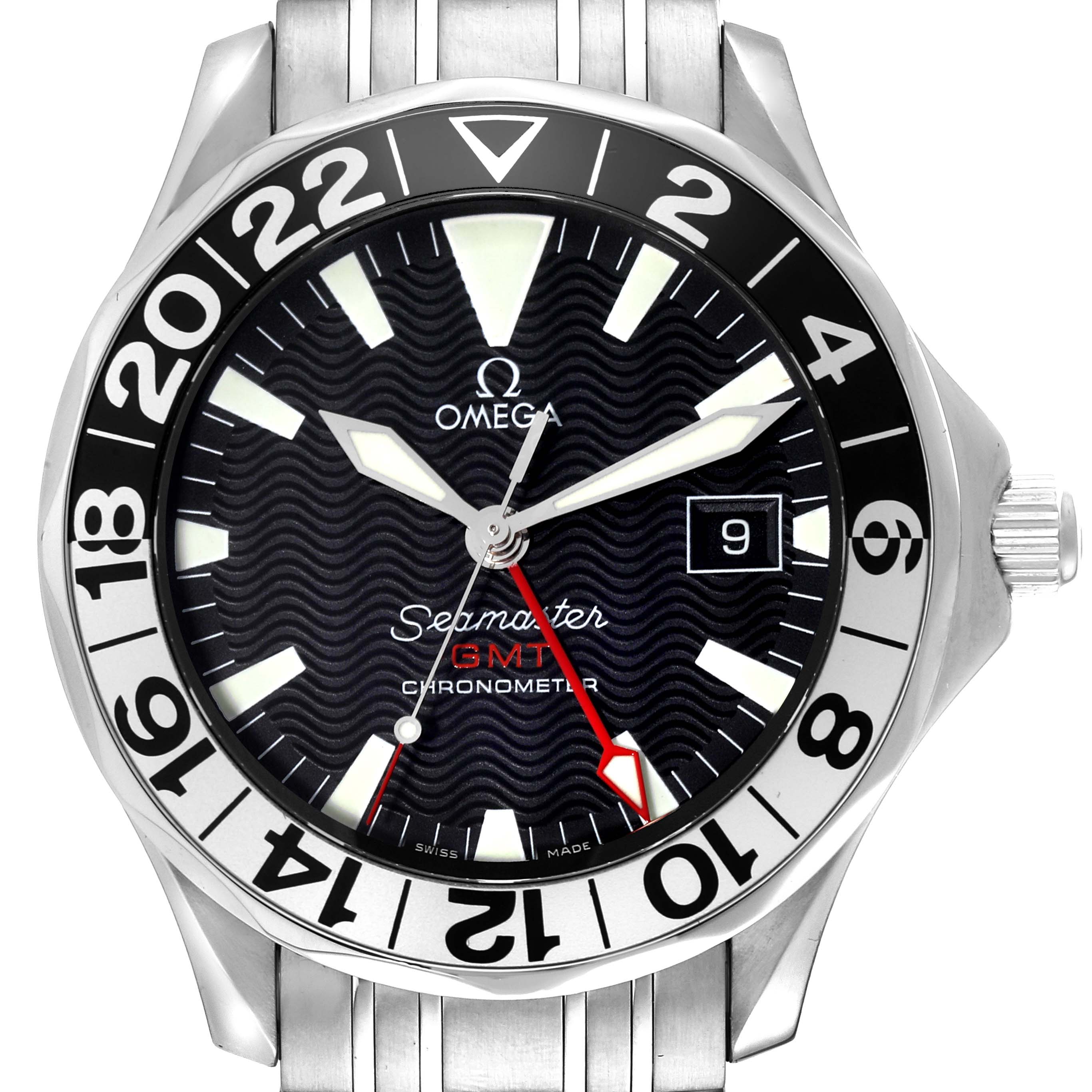 This Omega Seamaster 2534.50.00 Men
s Stainless Steel Black Dial 2534.50.00 Men
s Stainless Steel Black Dial GMT Chronometer watch is shown from the front, featuring the dial, bezel, date window, and part of the bracelet.