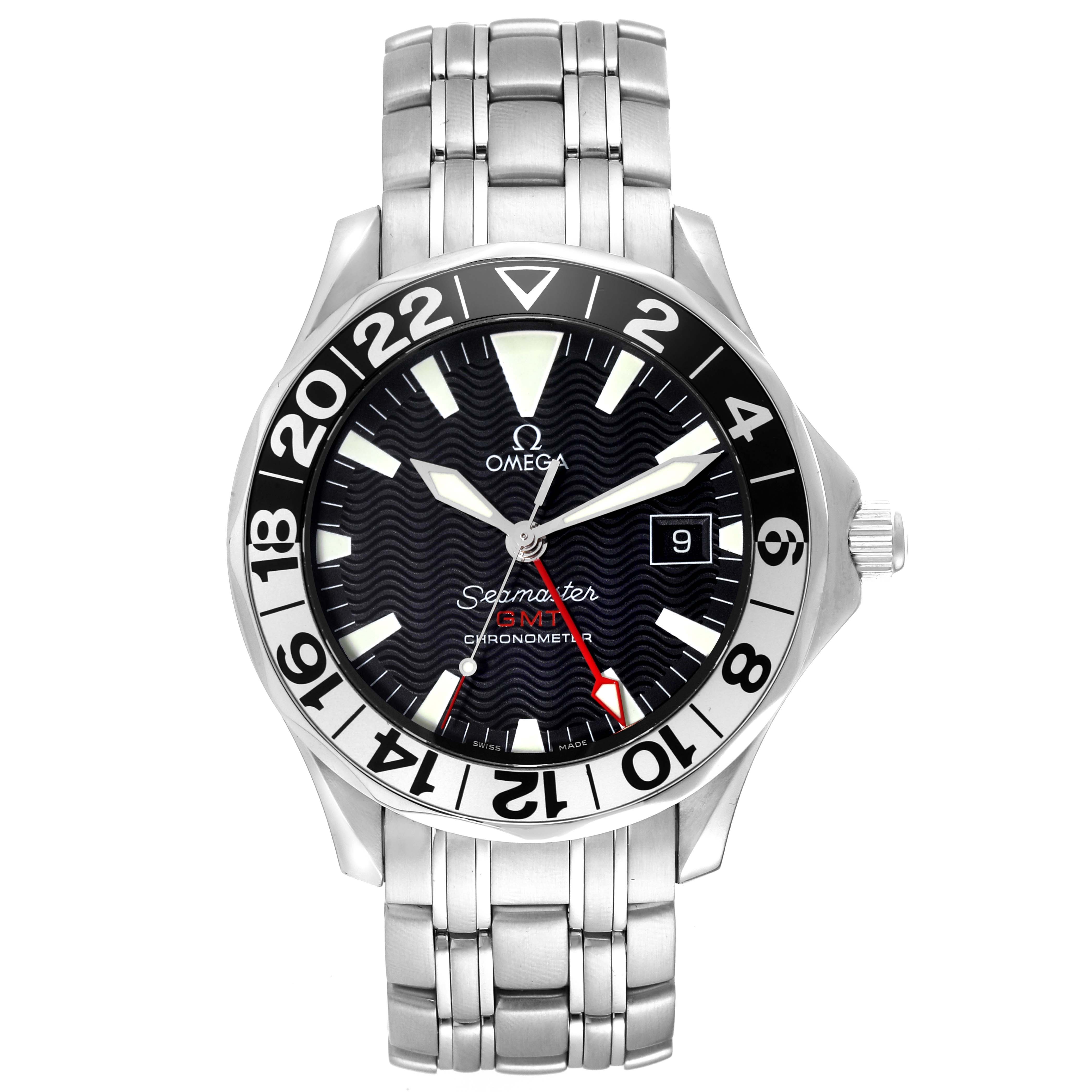 The Omega Seamaster 2534.50.00 Men
s Stainless Steel Black Dial 2534.50.00 Men
s Stainless Steel Black Dial watch is shown from the front, displaying its face, bezel, and bracelet.