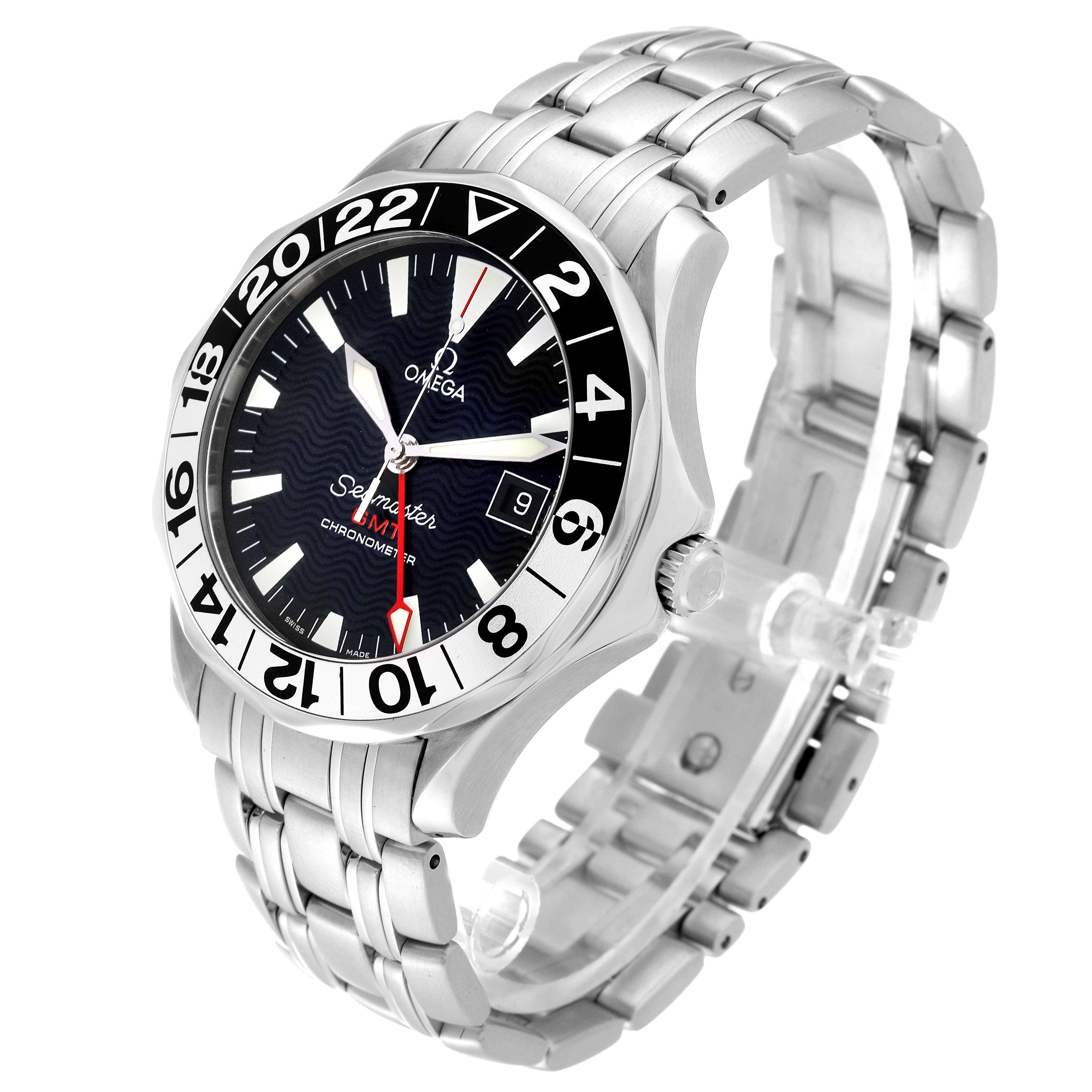 The Omega Seamaster 2534.50.00 Men
s Stainless Steel Black Dial 2534.50.00 Men
s Stainless Steel Black Dial watch is shown at an angle showcasing the face, bezel, and stainless steel bracelet.