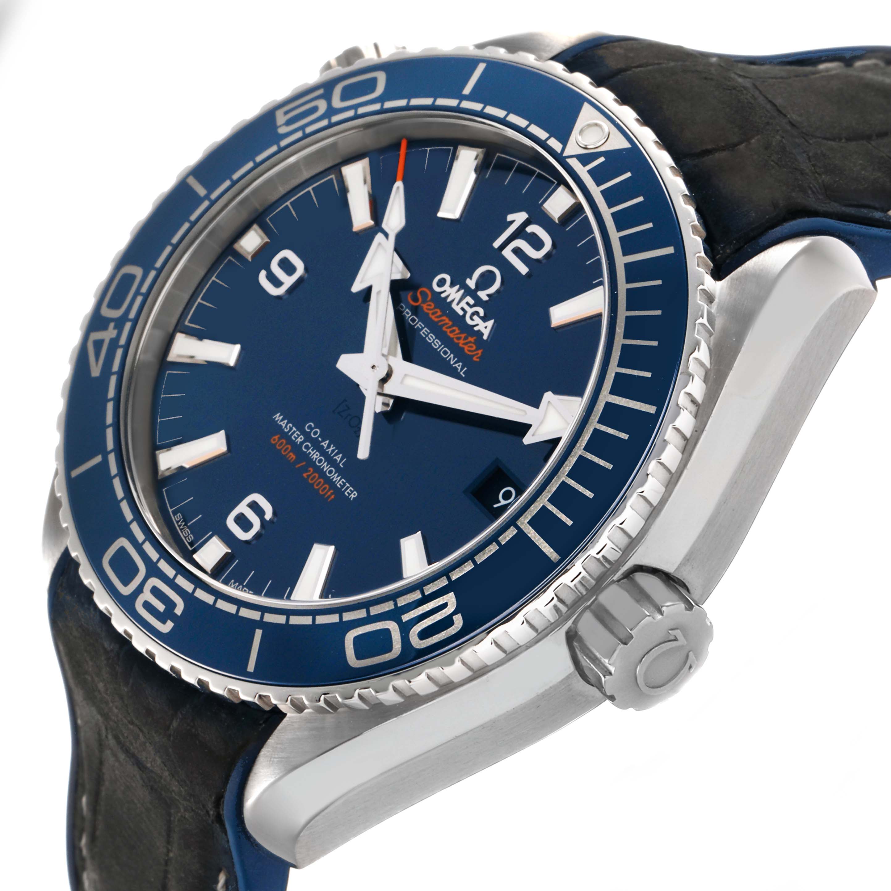 The Omega Seamaster 215.33.44.21.03.001 Mens Stainless Steel Blue Dial watch is shown at an angled close-up, highlighting the dial, bezel, crown, and part of the strap.