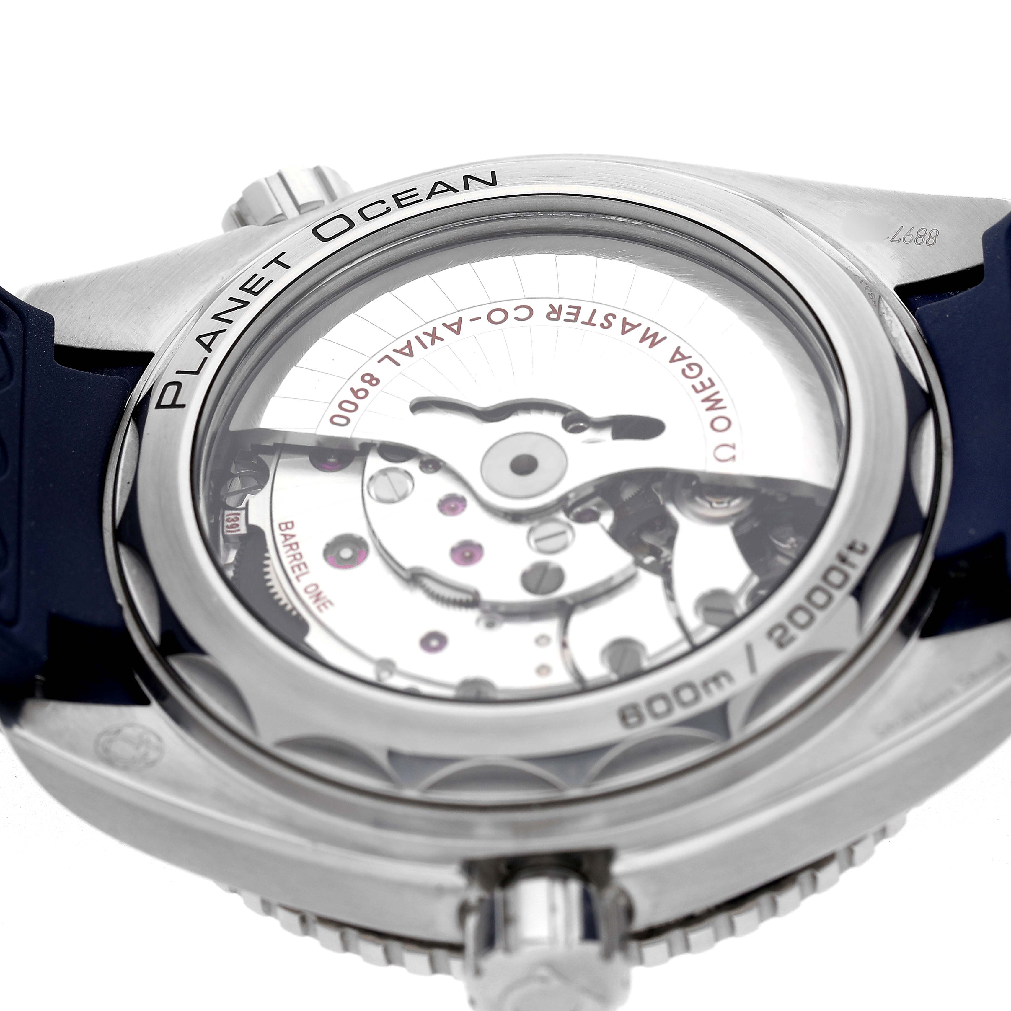 The image shows the back of the Omega Seamaster 215.33.44.21.03.001 Mens Stainless Steel Blue Dial Planet Ocean, highlighting the transparent case back and internal movement.