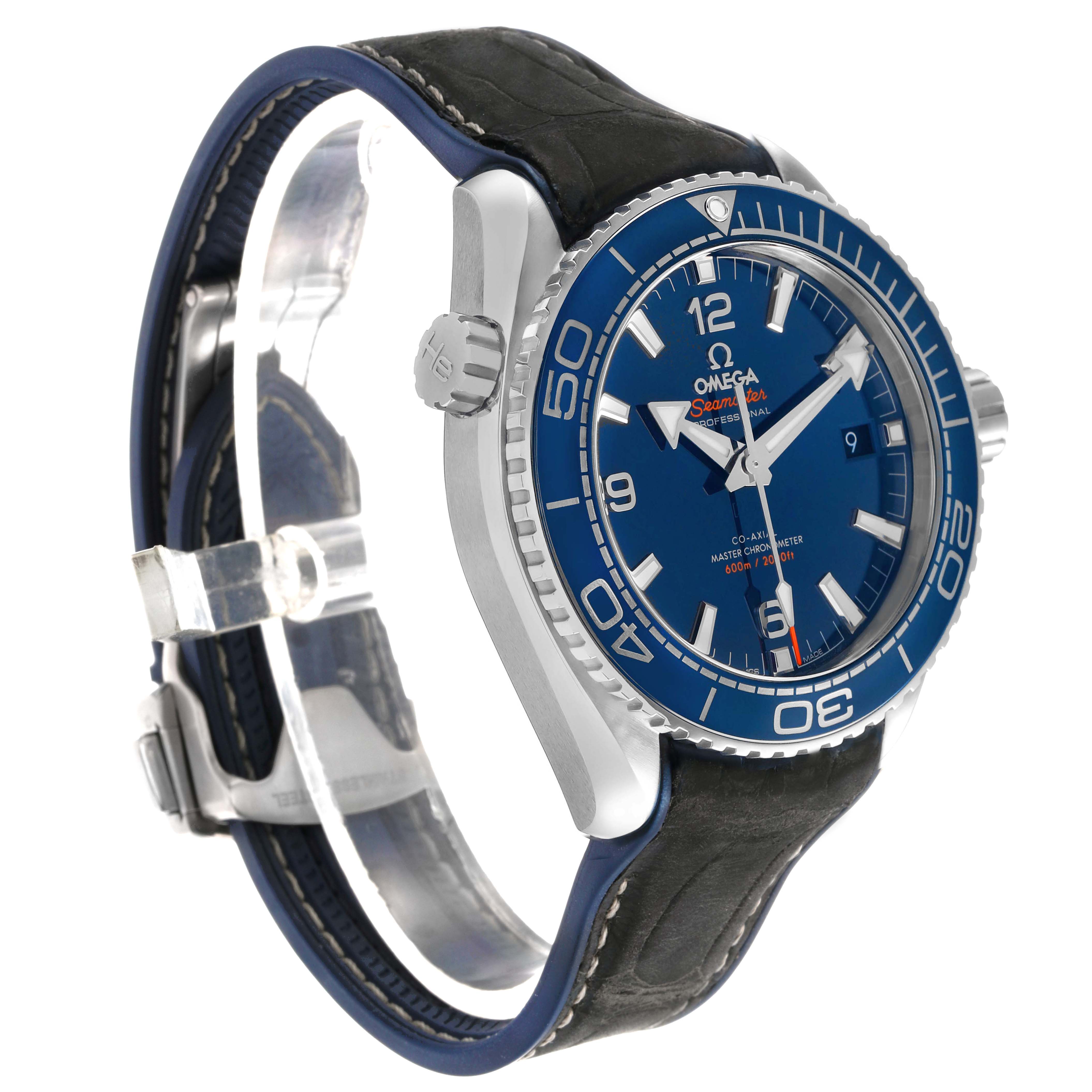 The Omega Seamaster 215.33.44.21.03.001 Mens Stainless Steel Blue Dial watch is shown at a side angle, highlighting the blue bezel, dial, crown, and strap details.
