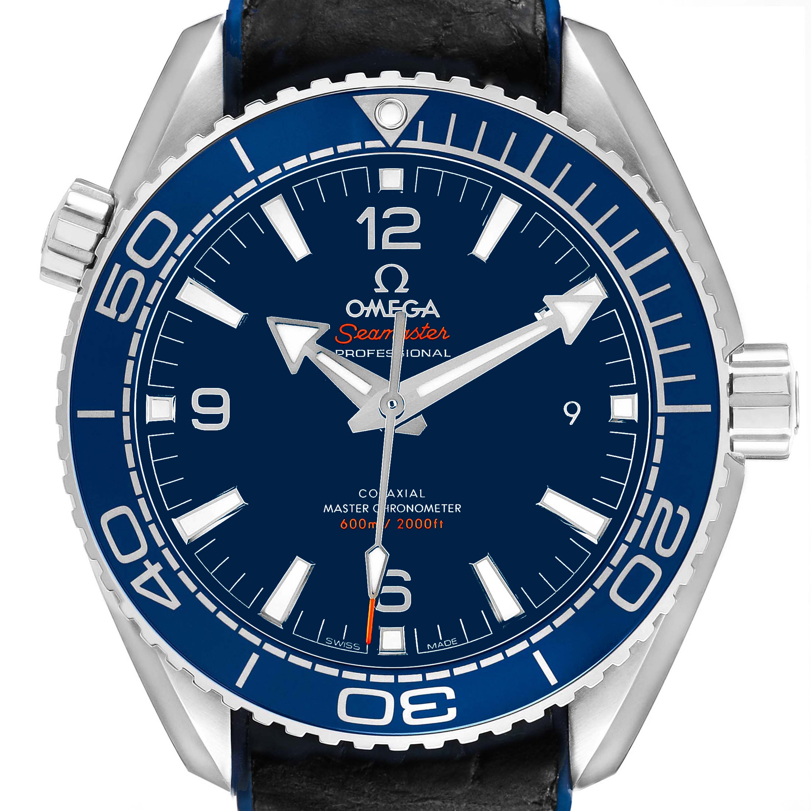 The Omega Seamaster 215.33.44.21.03.001 Mens Stainless Steel Blue Dial watch is shown from a frontal angle, highlighting the bezel, dial, and crown.