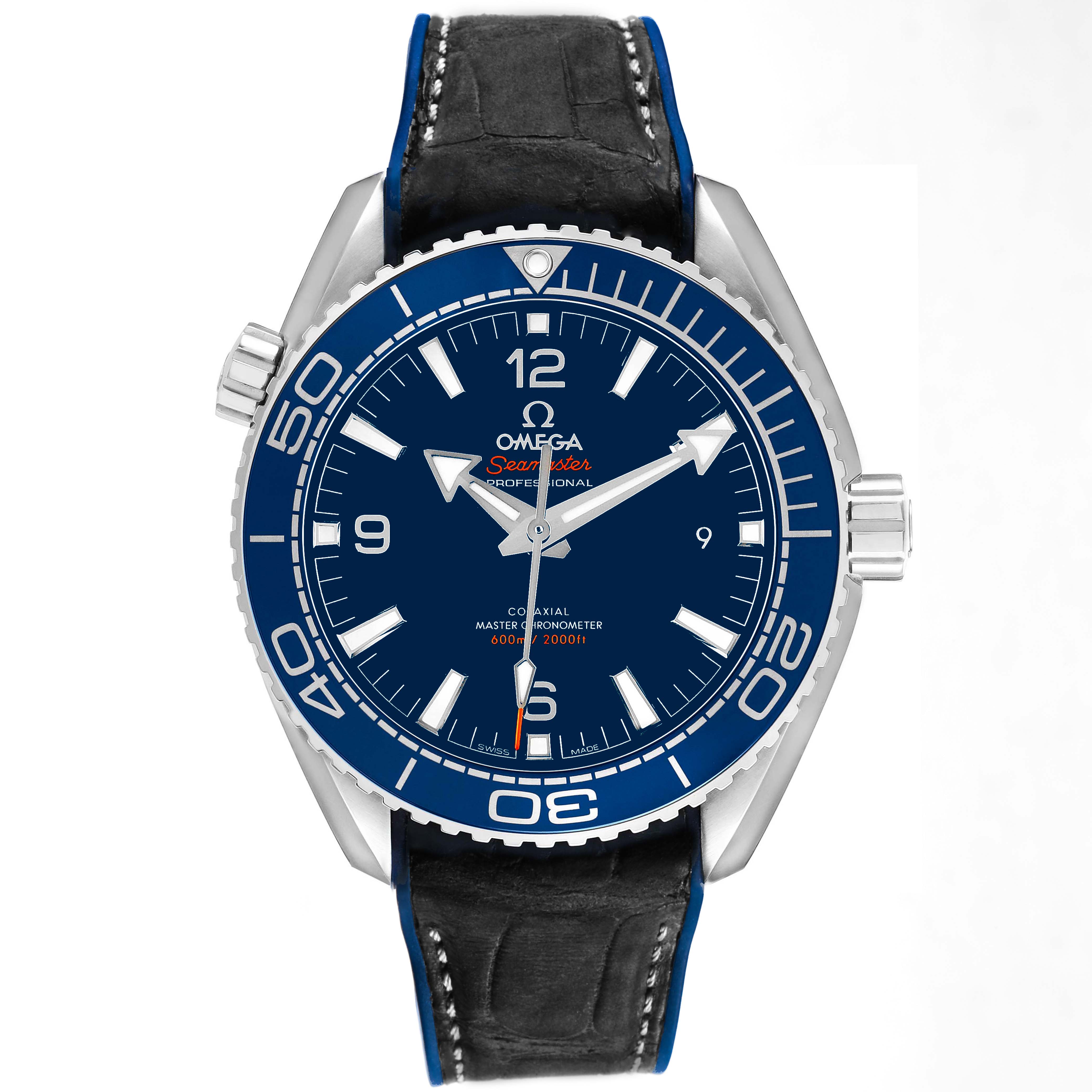The Omega Seamaster 215.33.44.21.03.001 Mens Stainless Steel Blue Dial watch is shown from the front, highlighting the bezel, dial, and leather strap.