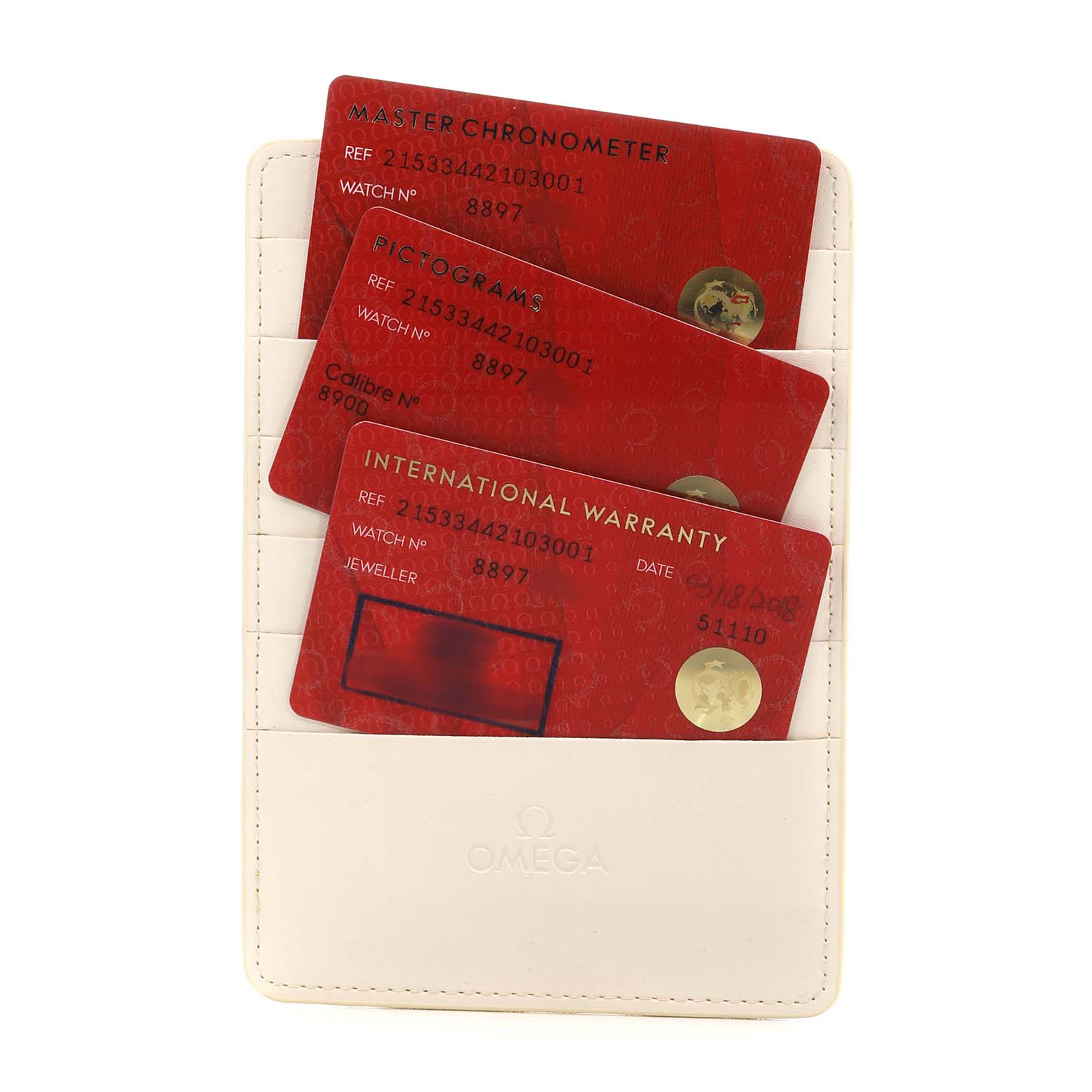 The image shows warranty and information cards for an Omega Seamaster 215.33.44.21.03.001 Mens Stainless Steel Blue Dial, placed in a cardholder.