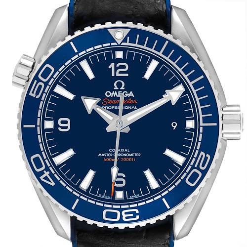 The Omega Seamaster 215.33.44.21.03.001 Mens Stainless Steel Blue Dial watch is shown from a top view, highlighting the dial, bezel, and crown.