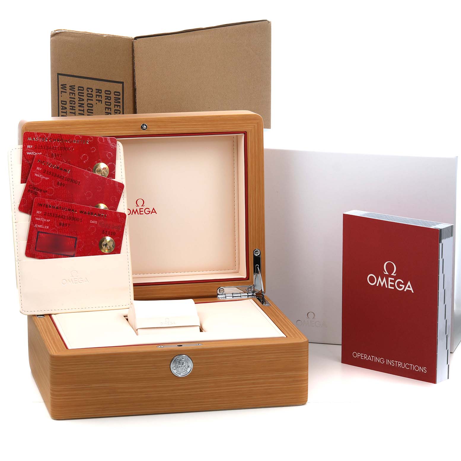 The image shows an open Omega Seamaster 215.33.44.21.03.001 Mens Stainless Steel Blue Dial watch box with red warranty cards and an instruction booklet.