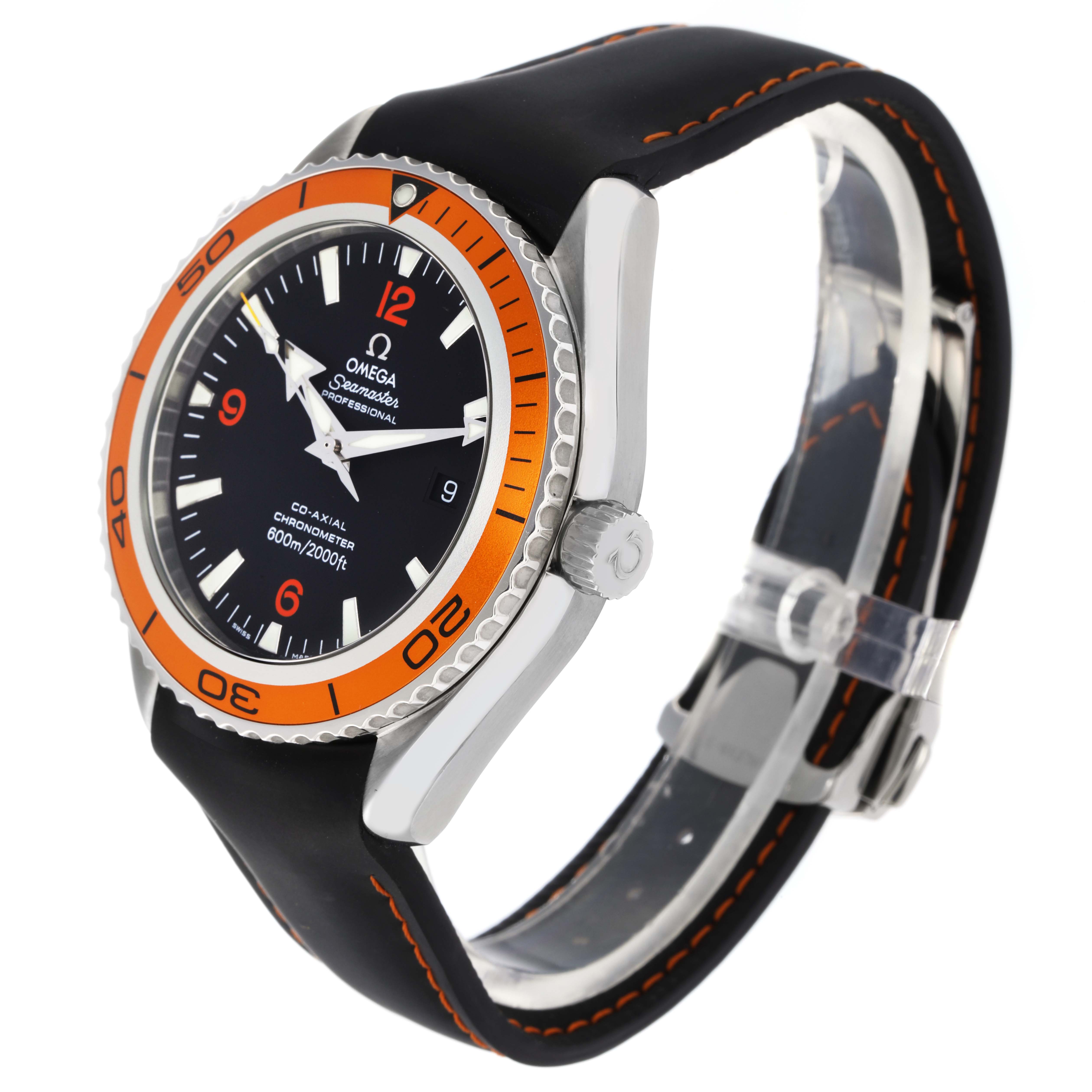 The Omega Planet Ocean 2908.50.38 Men
s Stainless Steel Black Dial 2908.50.38 Men
s Stainless Steel Black Dial watch is displayed at an angle showing the face, case, bezel, and part of the strap.