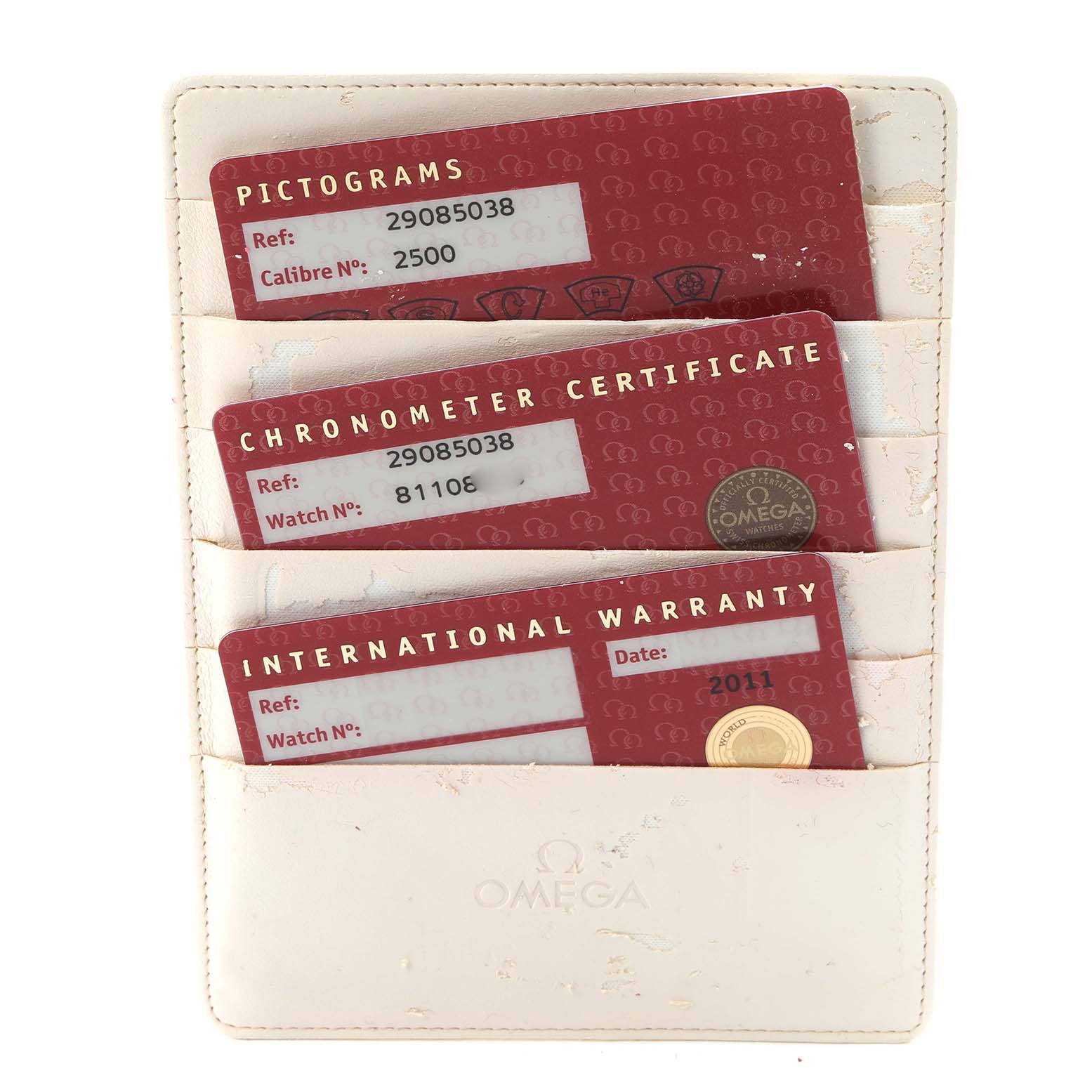 The image shows Omega Planet Ocean 2908.50.38 Men
s Stainless Steel Black Dial 2908.50.38 Men
s Stainless Steel Black Dial model cards, including a pictogram, chronometer certificate, and international warranty, in a holder.