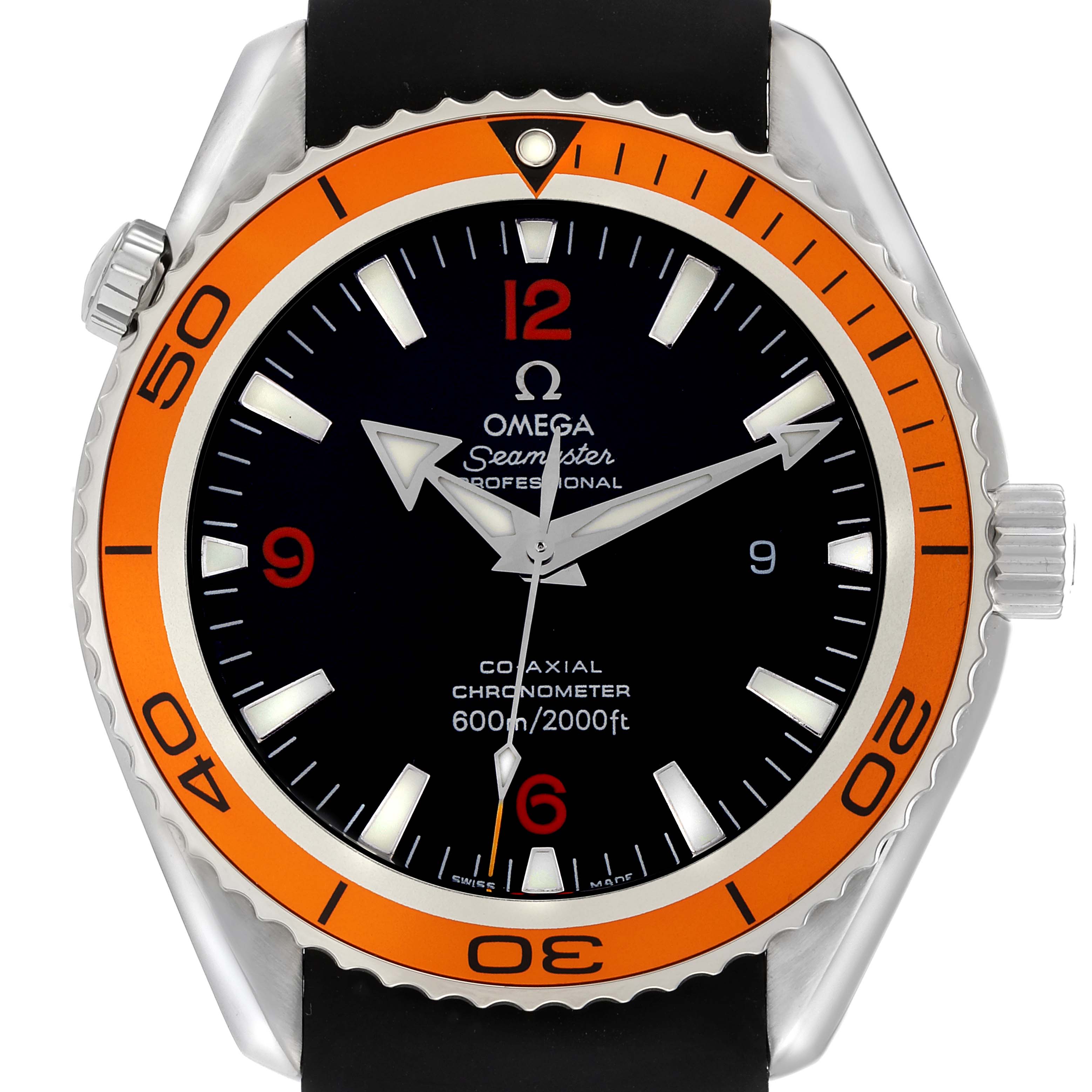 The Omega Planet Ocean 2908.50.38 Men
s Stainless Steel Black Dial 2908.50.38 Men
s Stainless Steel Black Dial watch is shown from the front, highlighting its dial, bezel, and strap attachment.