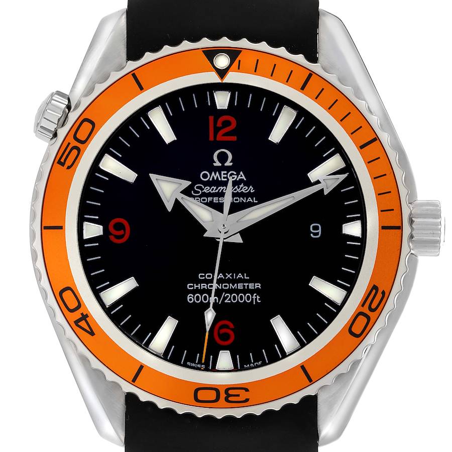 The Omega Planet Ocean watch is shown from the front, highlighting its dial, bezel, and strap attachment.