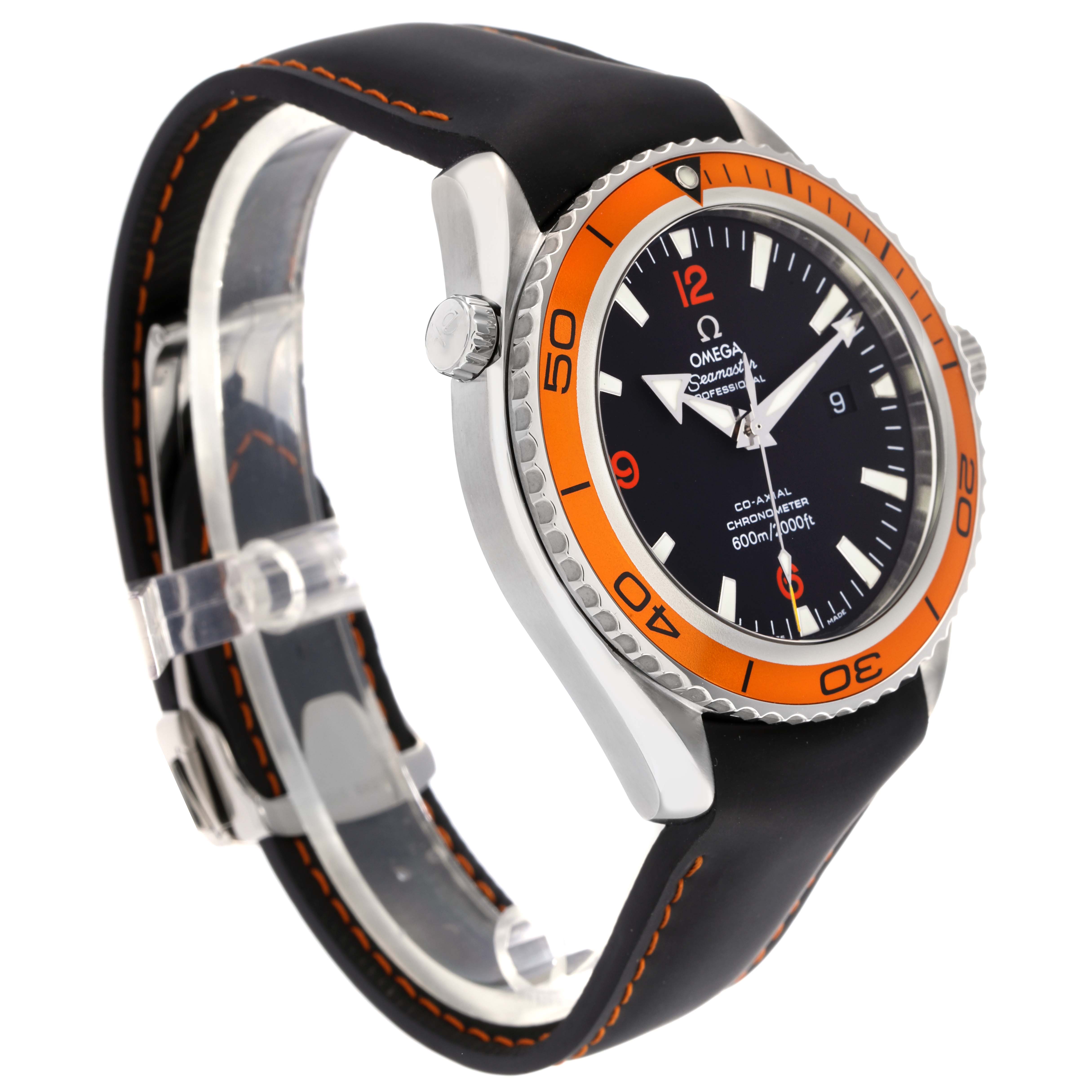 The Omega Planet Ocean 2908.50.38 Men
s Stainless Steel Black Dial 2908.50.38 Men
s Stainless Steel Black Dial watch is shown from a side angle, highlighting the bezel, dial, and strap.